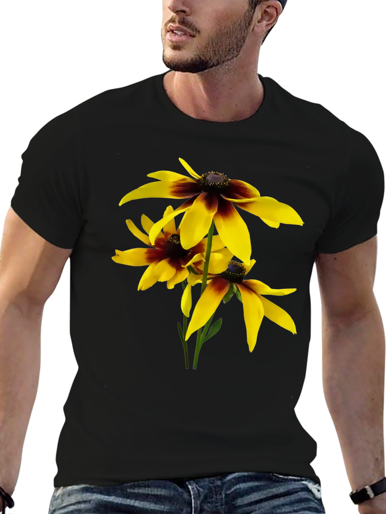 Black T-Shirt with Yellow Rudbeckia Flower Design