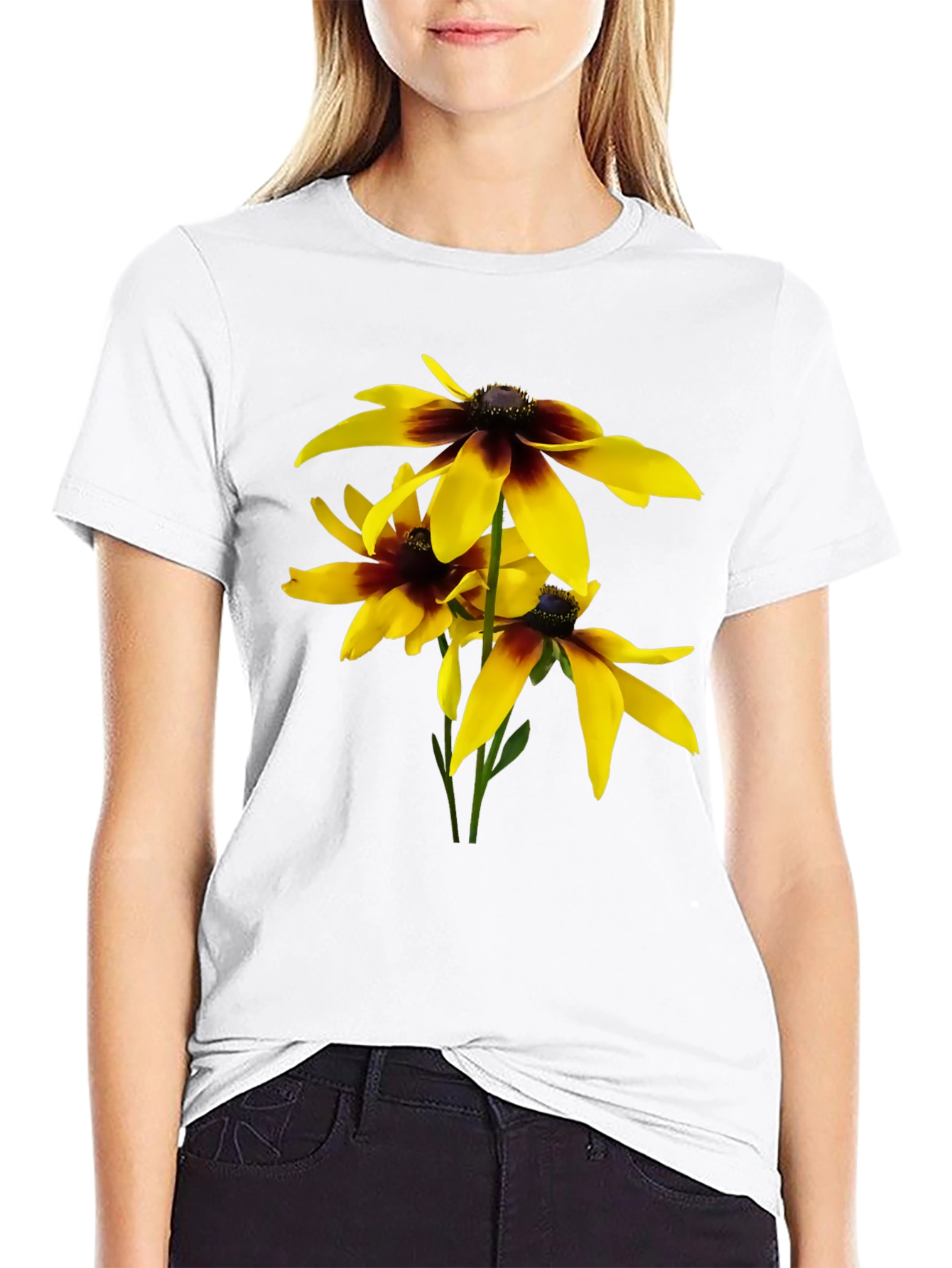 Black T-Shirt with Yellow Rudbeckia Flower Design
