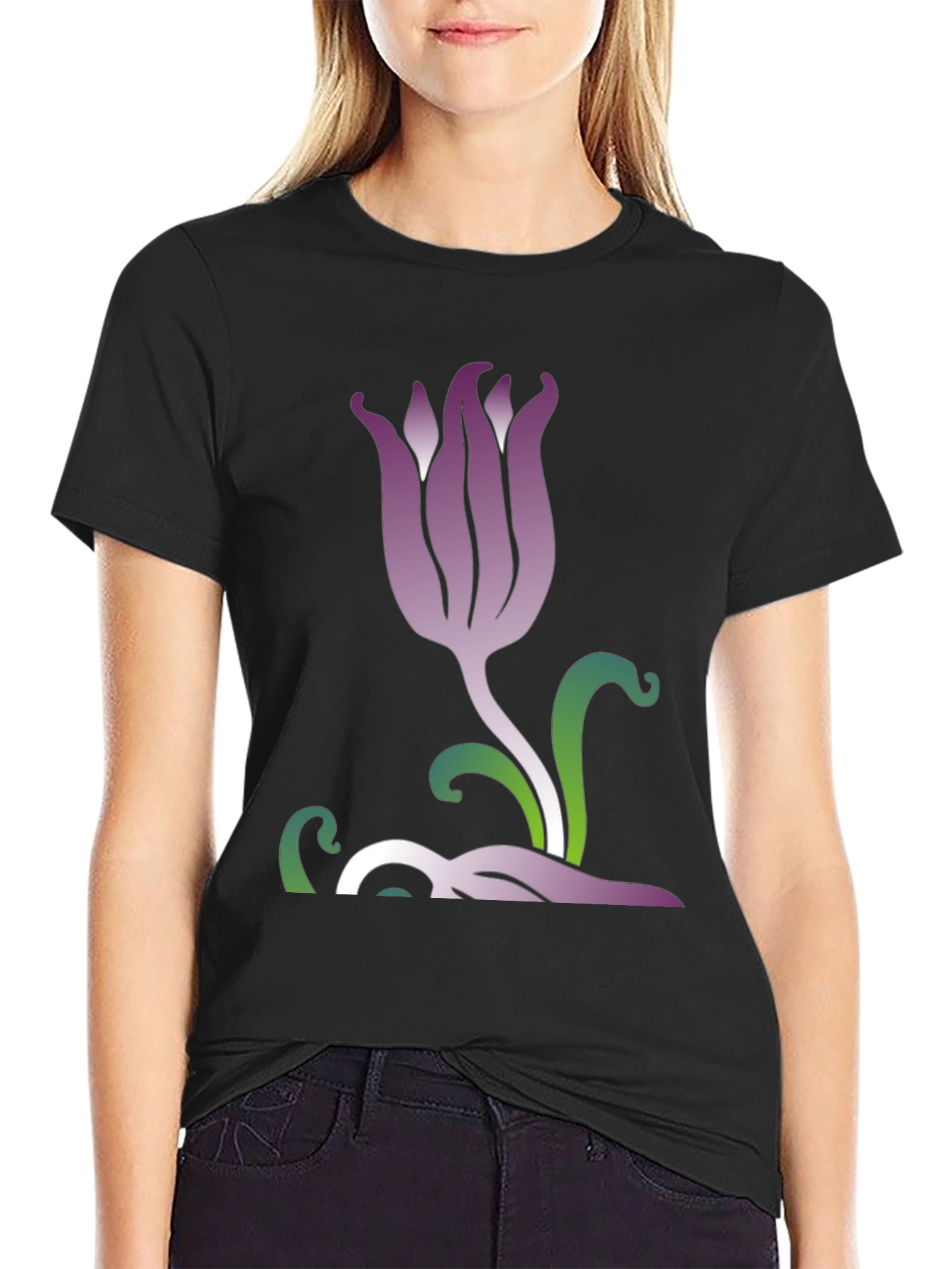 Stylish Floral Graphic Tee - Black Cotton Blend