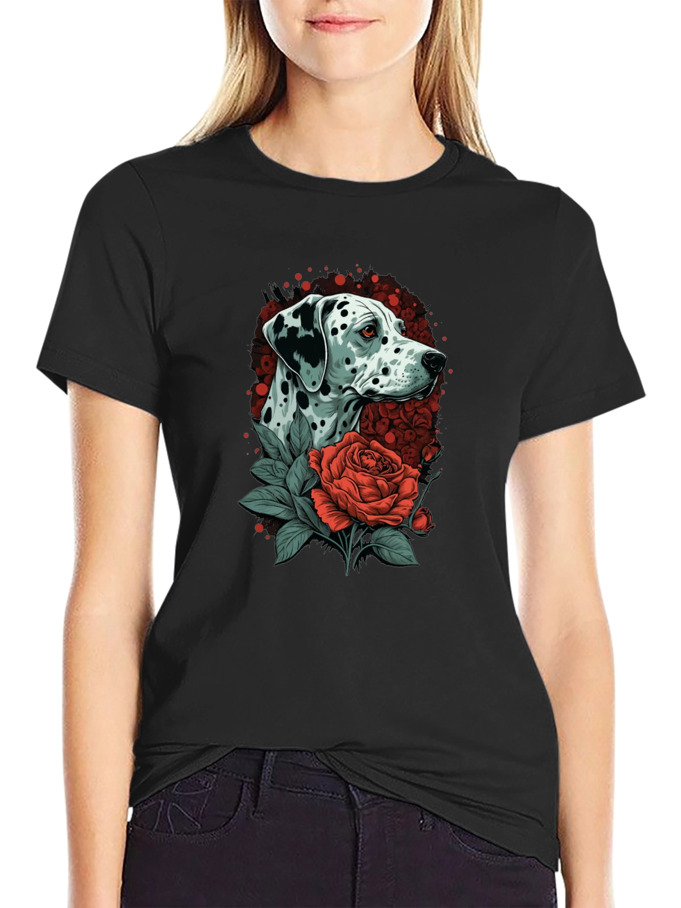 Dalmatian Dog & Rose Graphic Black T-Shirt