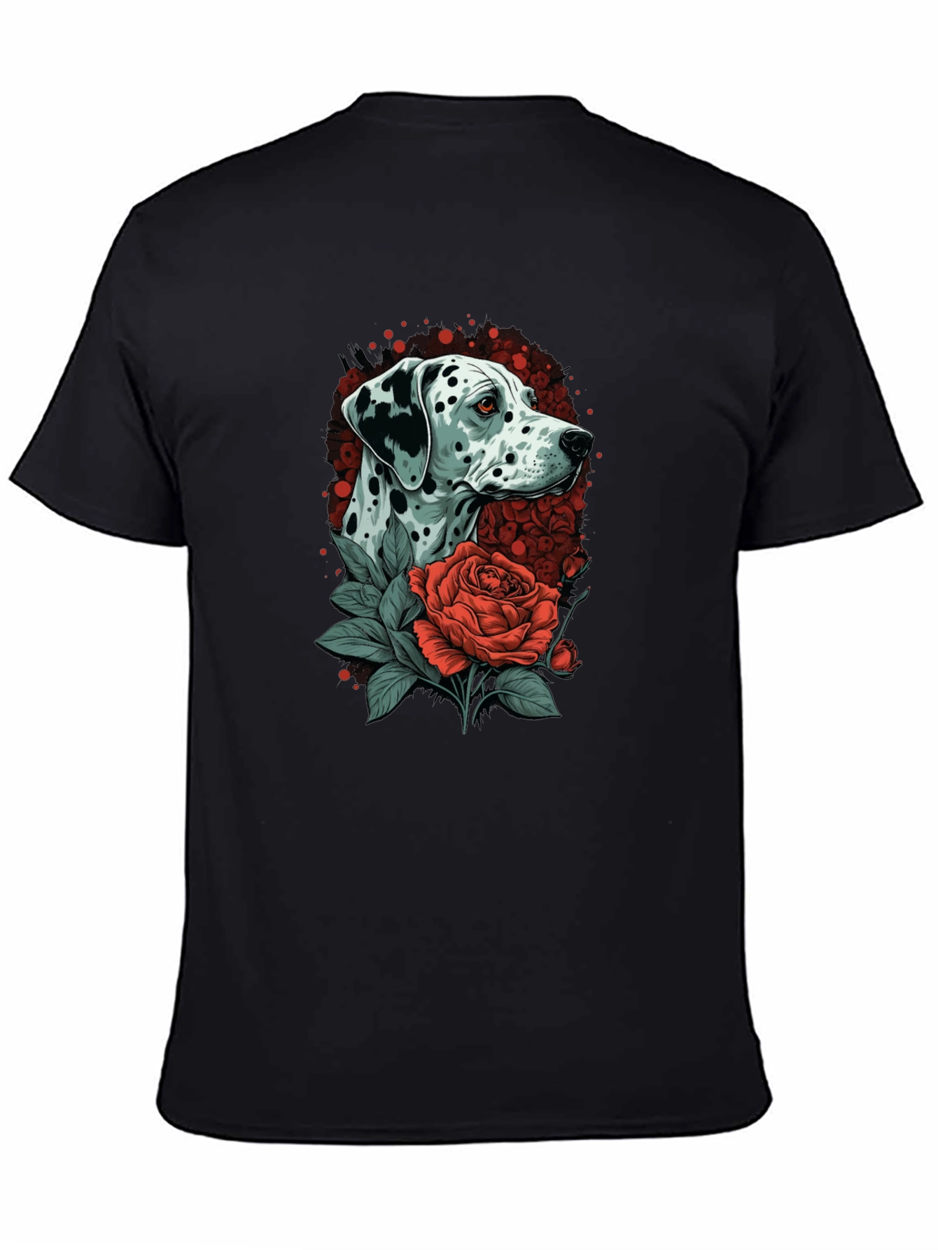 Dalmatian Dog & Rose Graphic Black T-Shirt