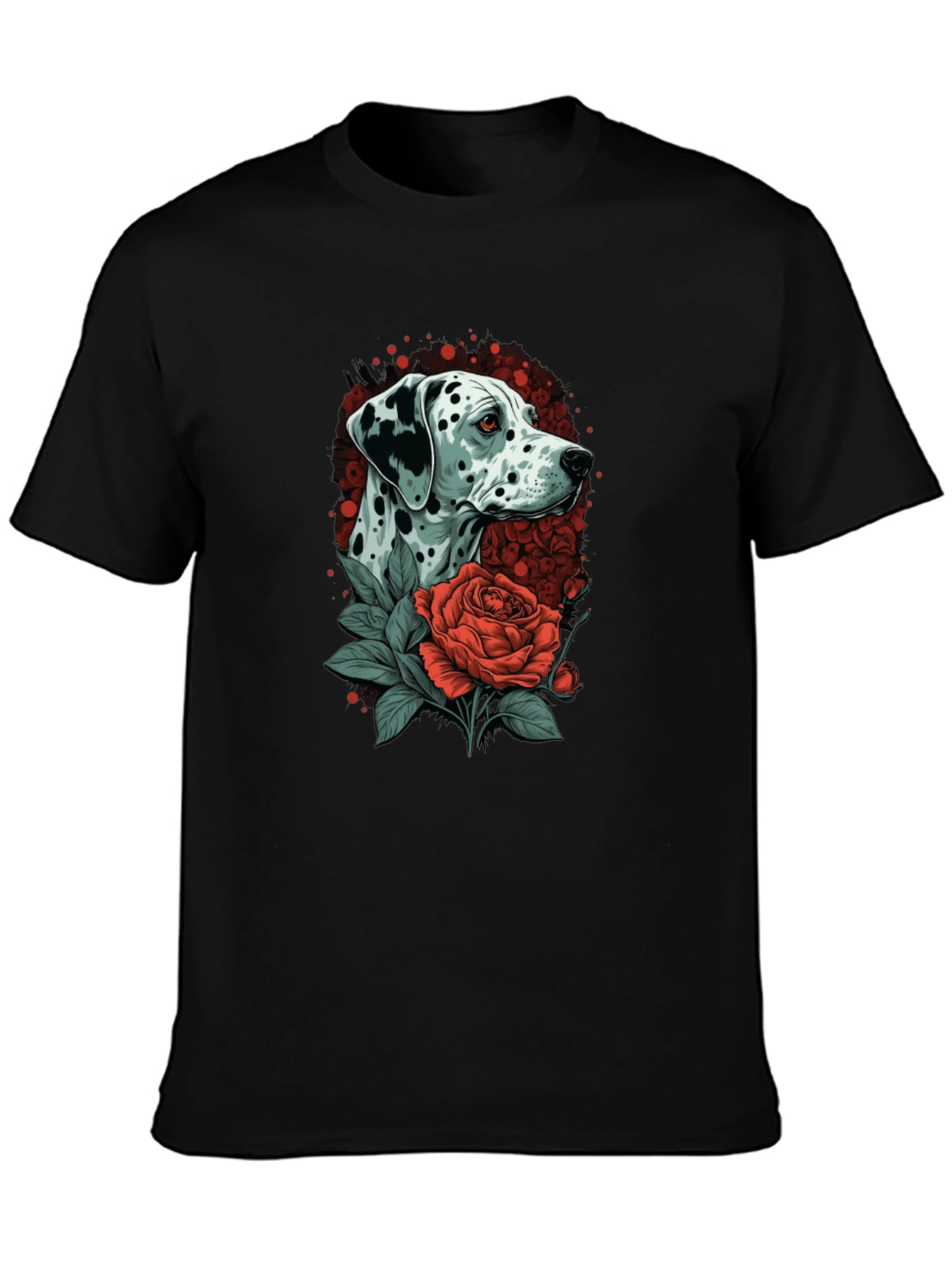 Dalmatian Dog & Rose Graphic Black T-Shirt