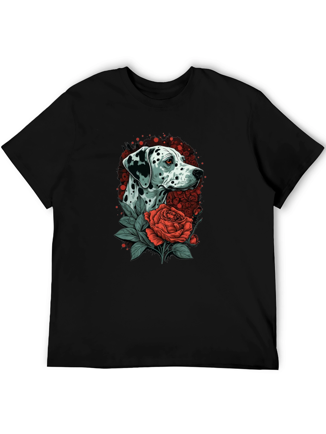 Dalmatian Dog & Rose Graphic Black T-Shirt