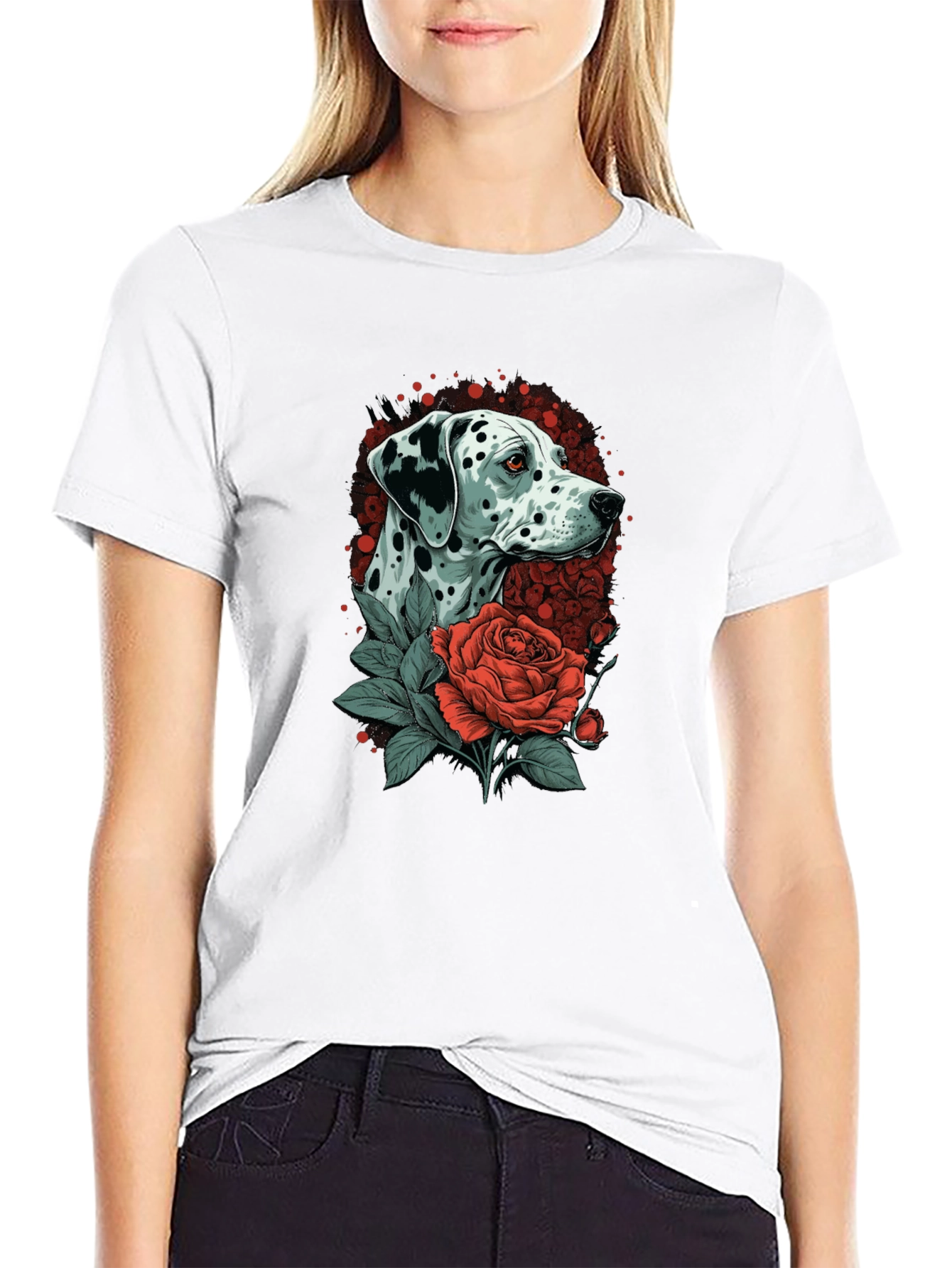 Dalmatian Dog & Rose Graphic Black T-Shirt
