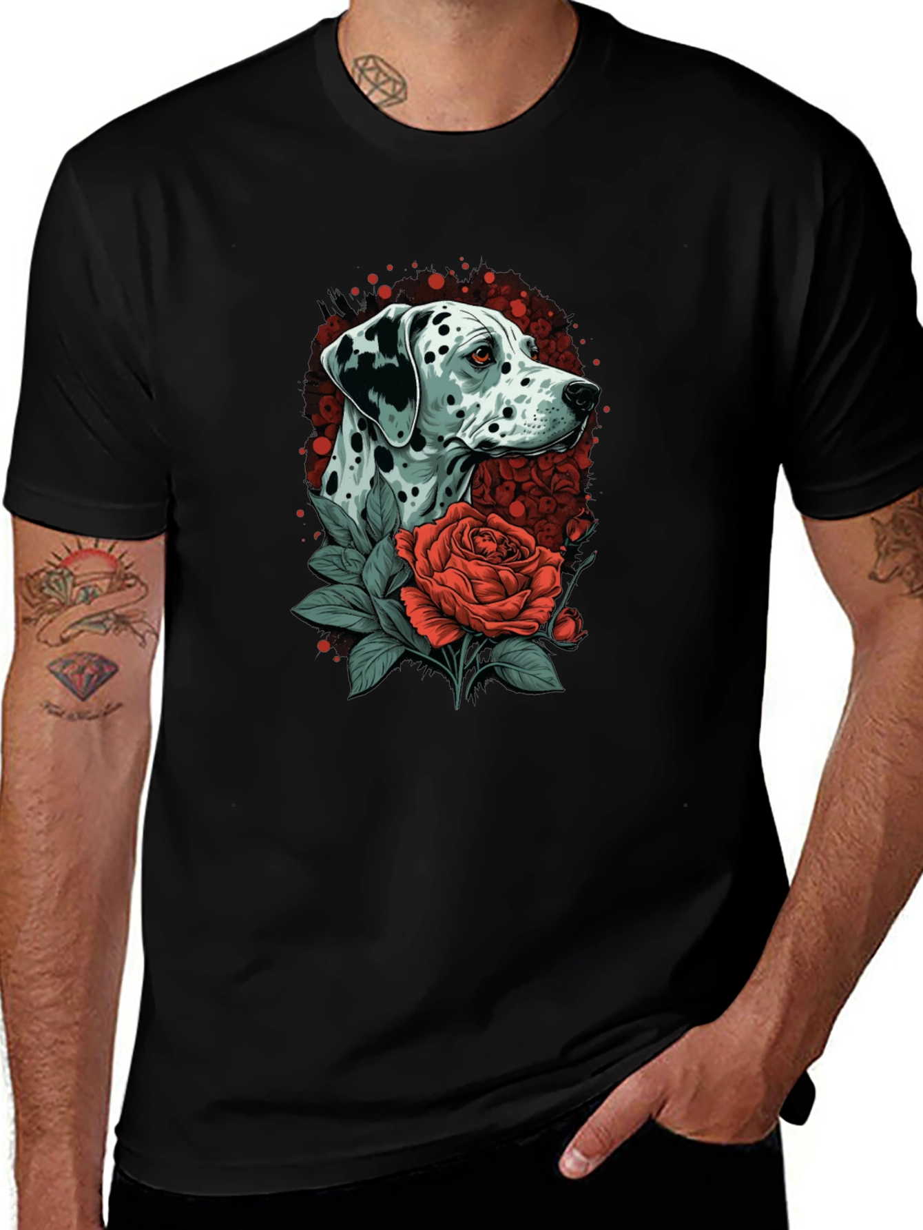 Dalmatian Dog & Rose Graphic Black T-Shirt