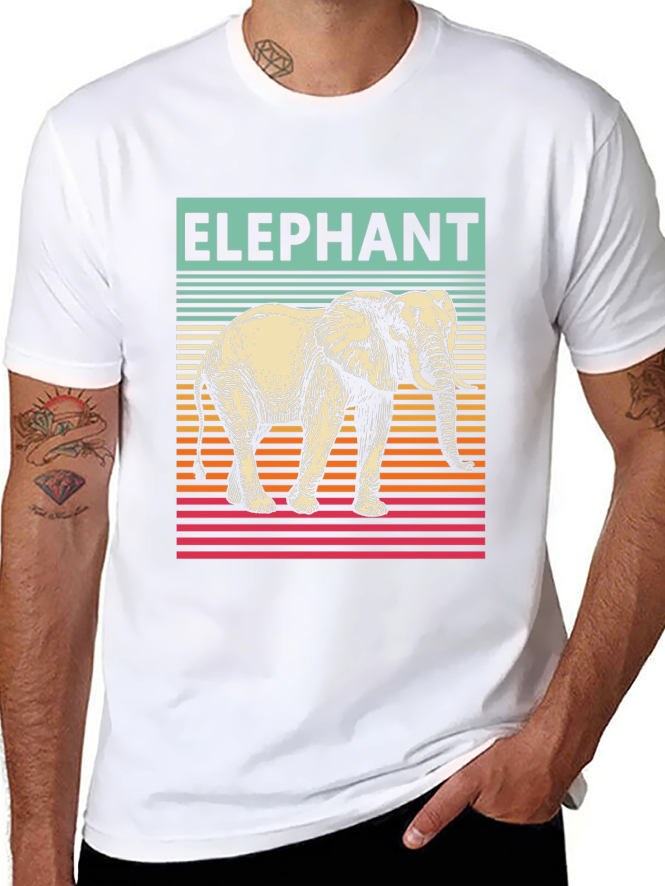 Elephant Graphic T-Shirt - Striped Retro Design