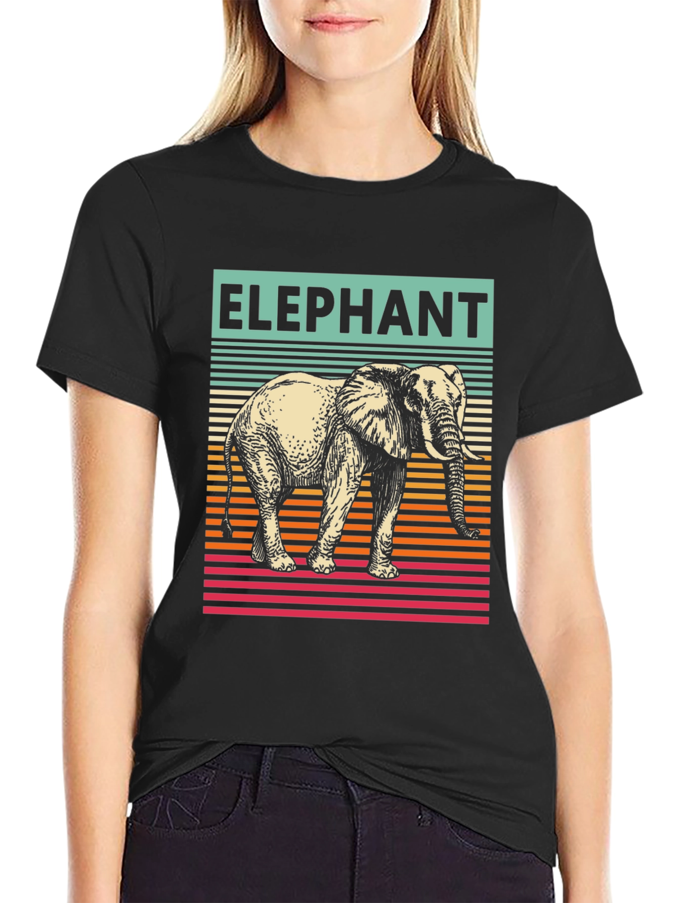 Elephant Graphic T-Shirt - Striped Retro Design