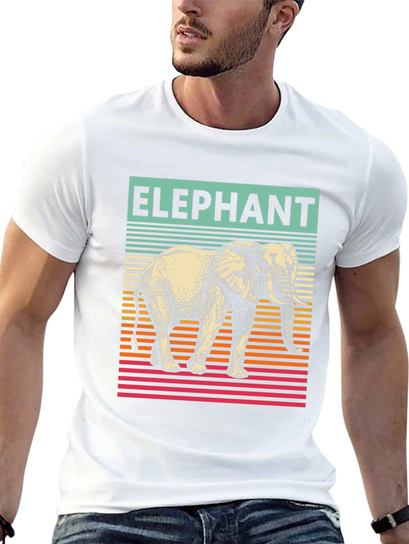 Elephant Graphic T-Shirt - Striped Retro Design