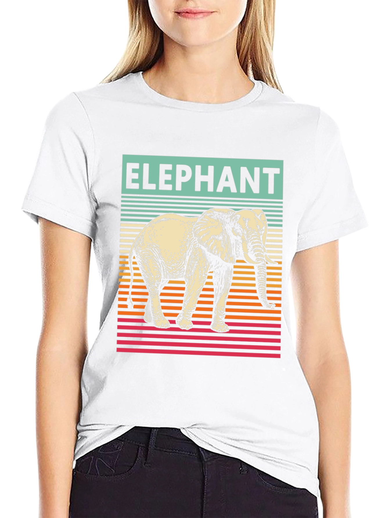 Elephant Graphic T-Shirt - Striped Retro Design