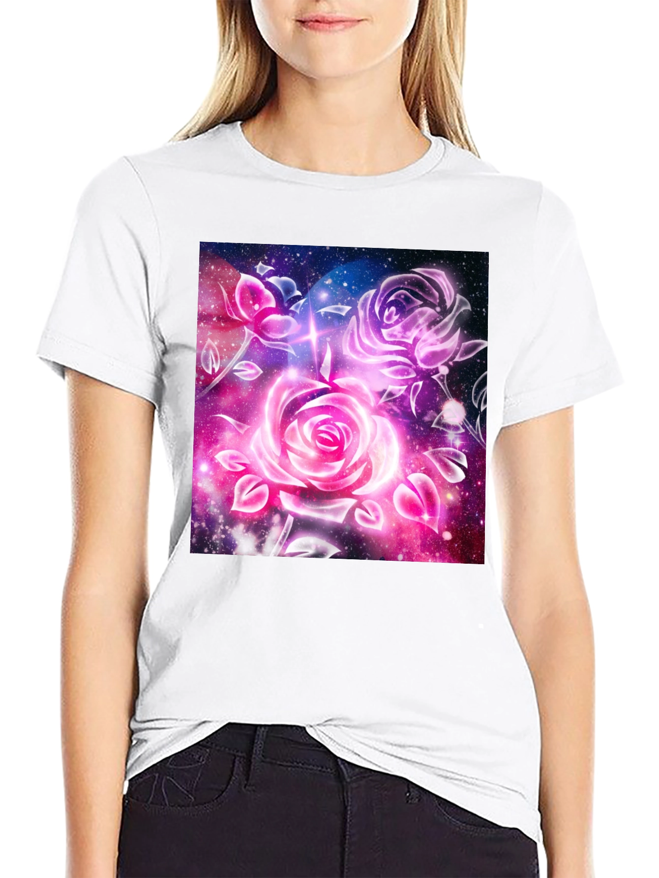 Galaxy Rose Graphic Tee - Cosmic Floral Design