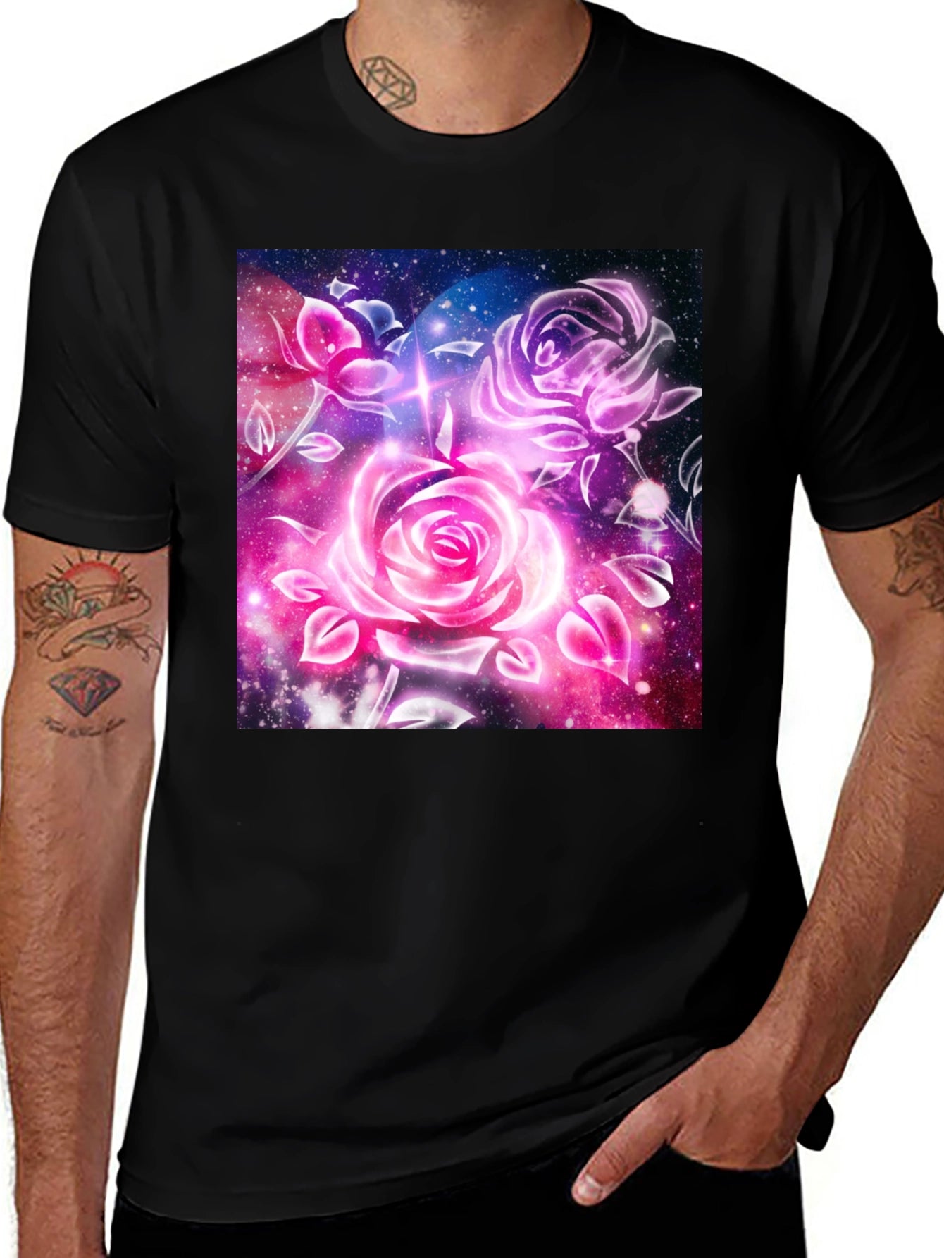 Galaxy Rose Graphic Tee - Cosmic Floral Design