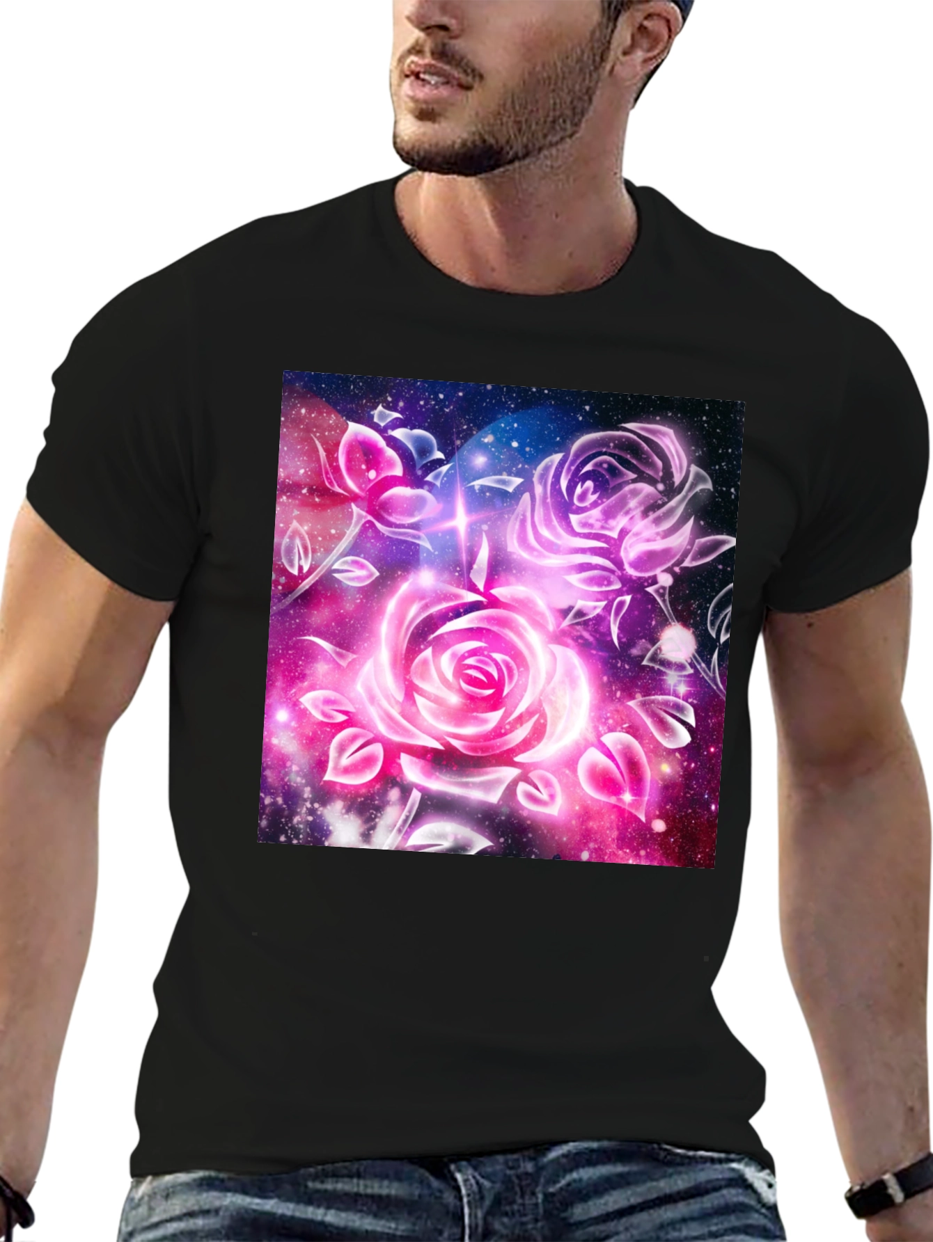 Galaxy Rose Graphic Tee - Cosmic Floral Design