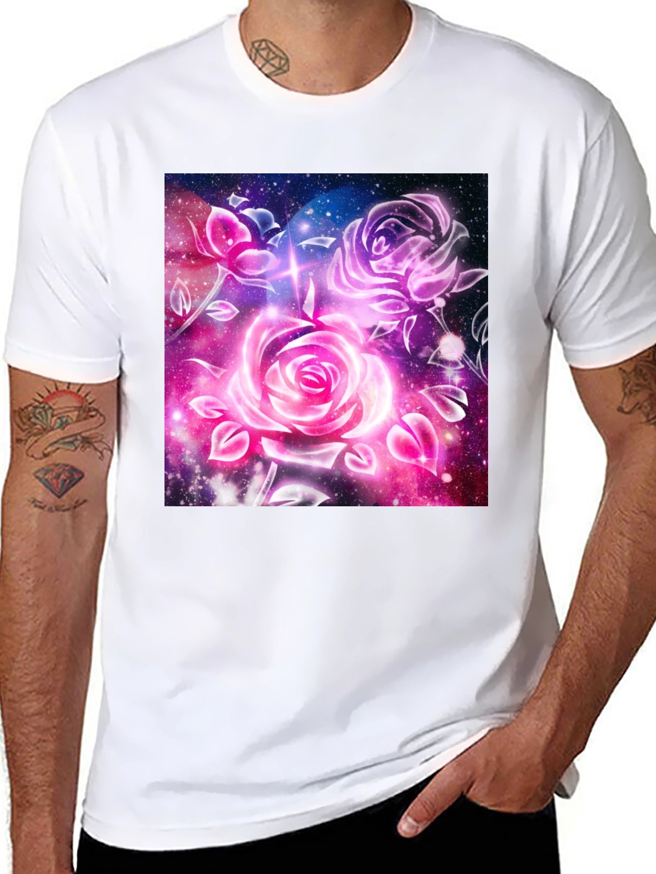 Galaxy Rose Graphic Tee - Cosmic Floral Design