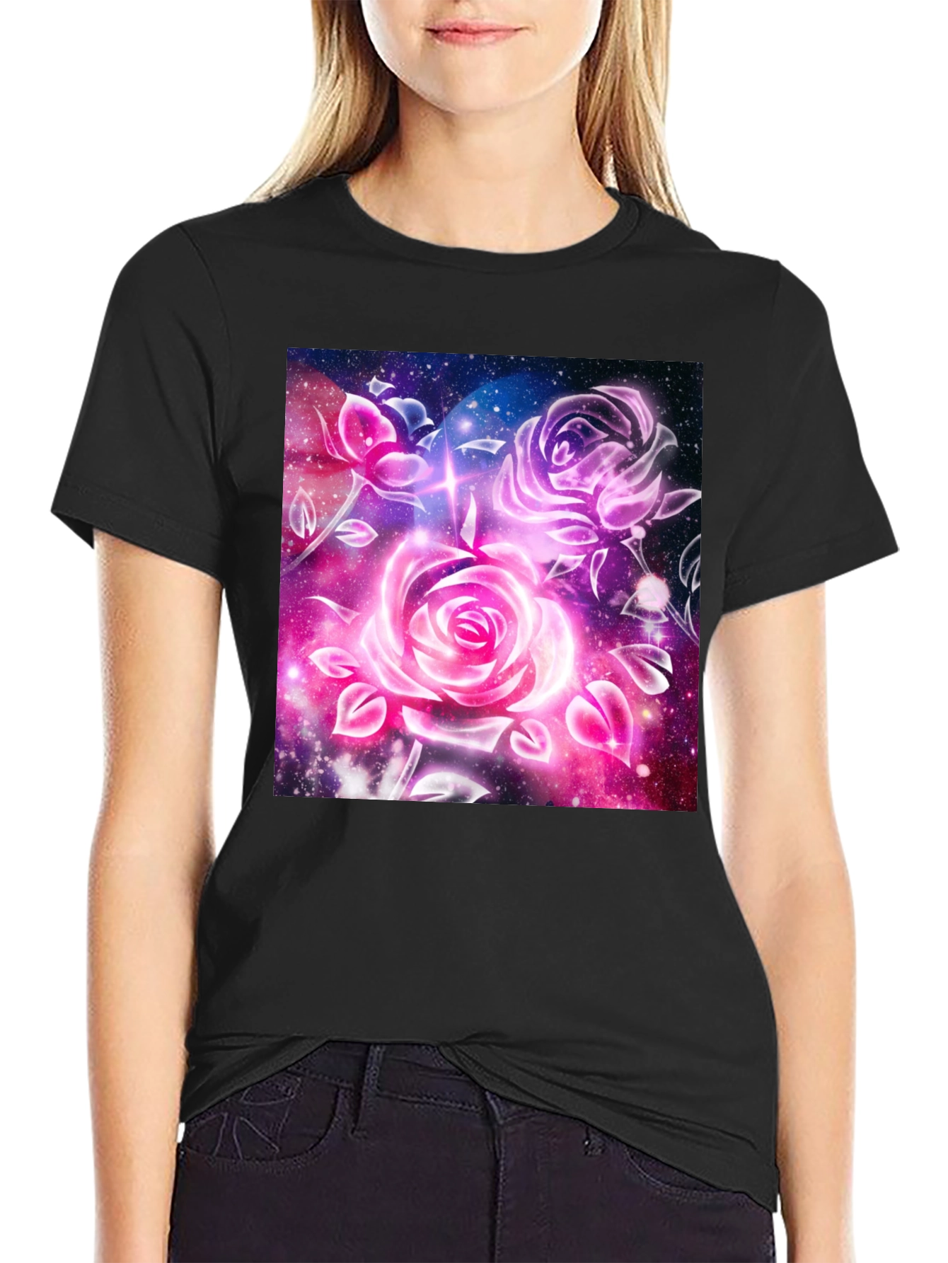 Galaxy Rose Graphic Tee - Cosmic Floral Design