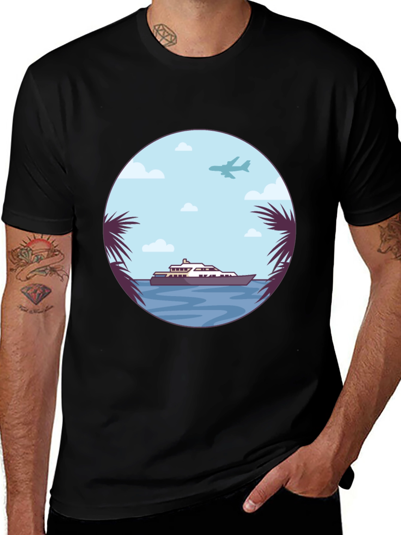 Tropical Getaway T-Shirt - Yacht & Palm Tree Design