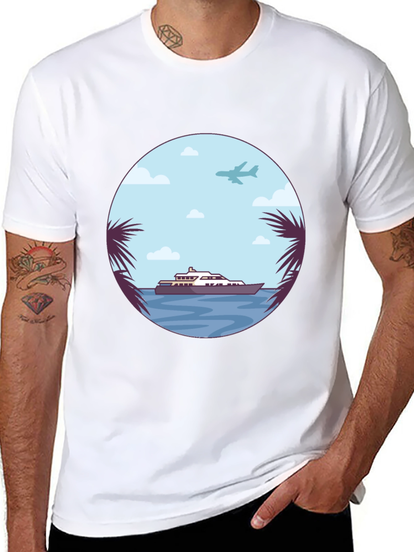 Tropical Getaway T-Shirt - Yacht & Palm Tree Design