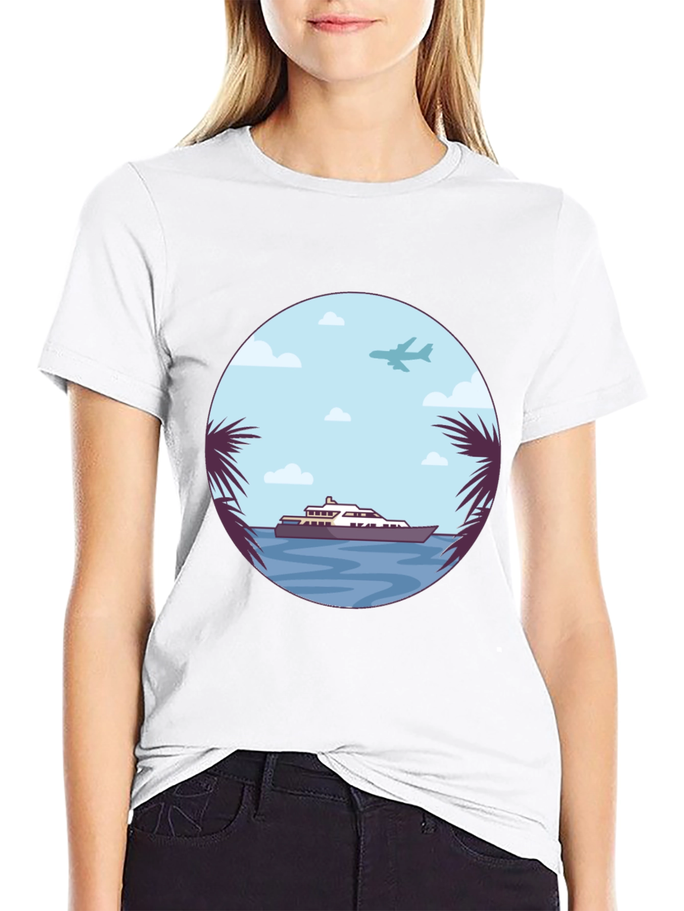 Tropical Getaway T-Shirt - Yacht & Palm Tree Design