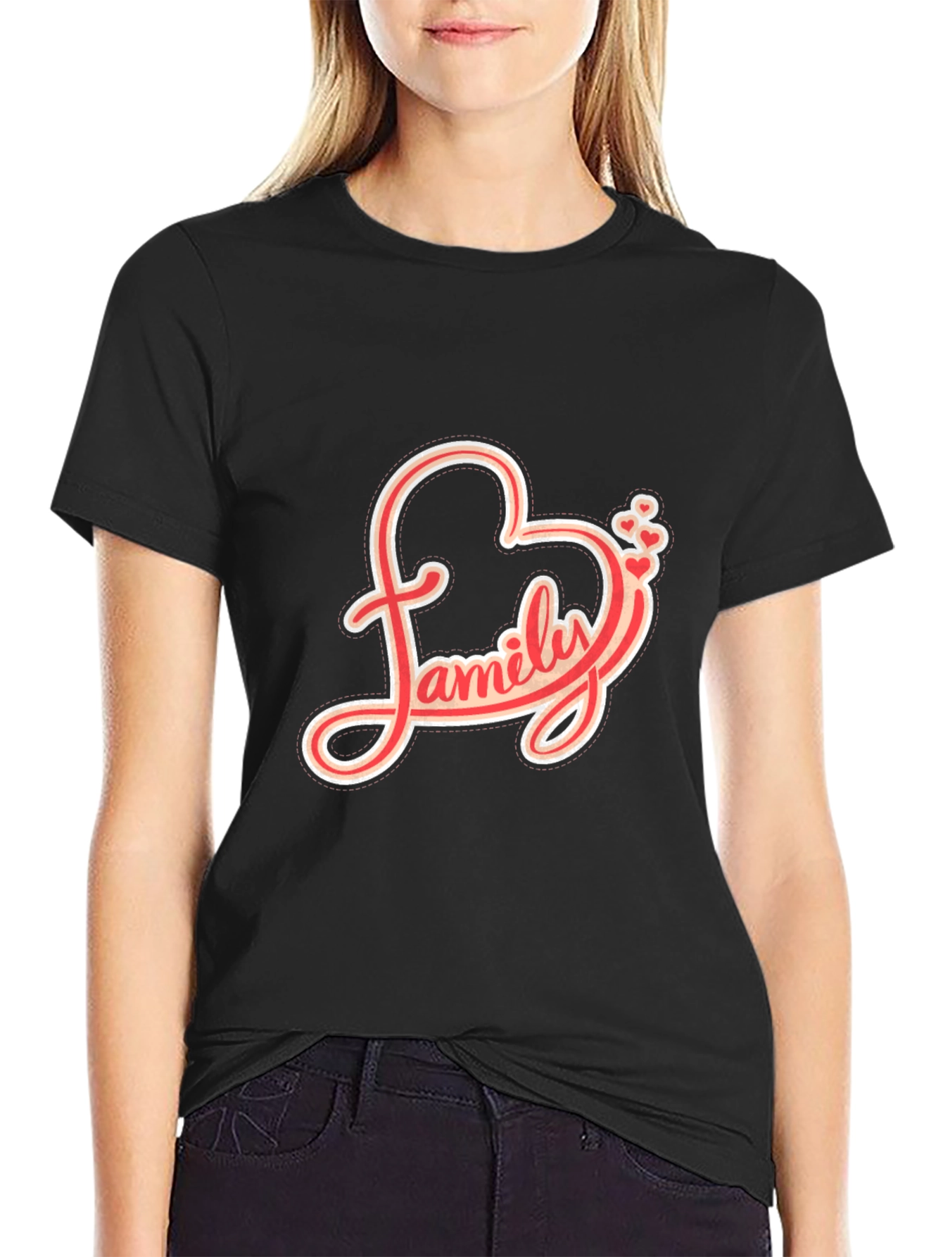 Family Love Heart Graphic Black T-Shirt