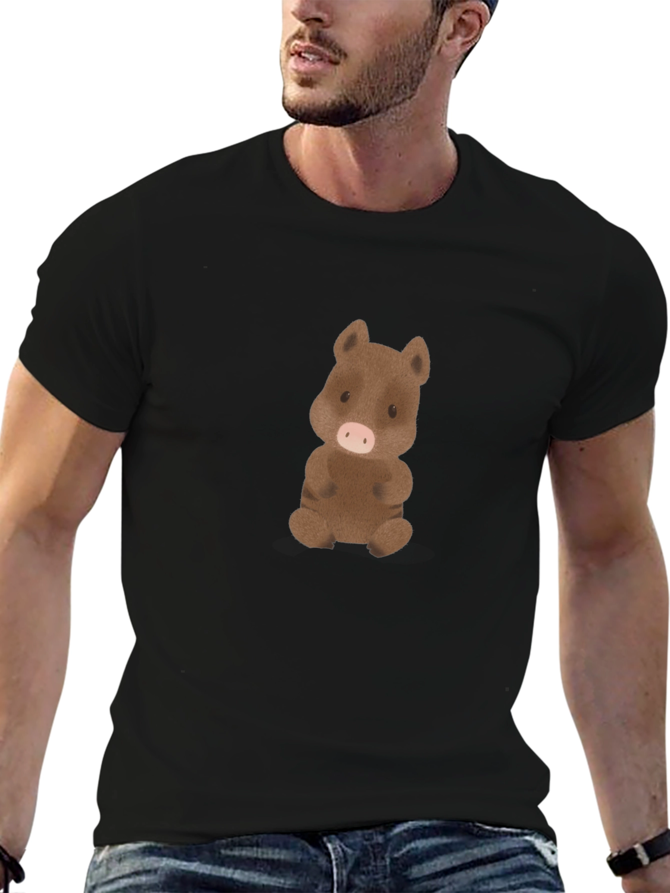 Cute Cartoon Boar Black T-Shirt