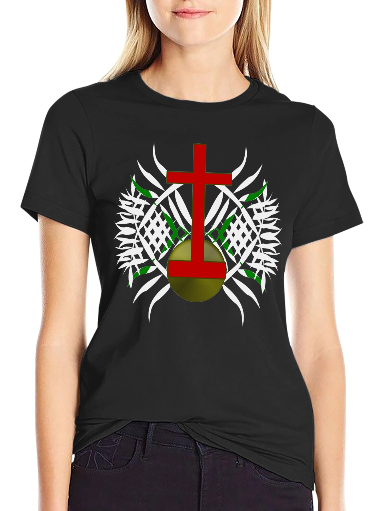 Graphic Tee - Red Cross Design on Black Cotton