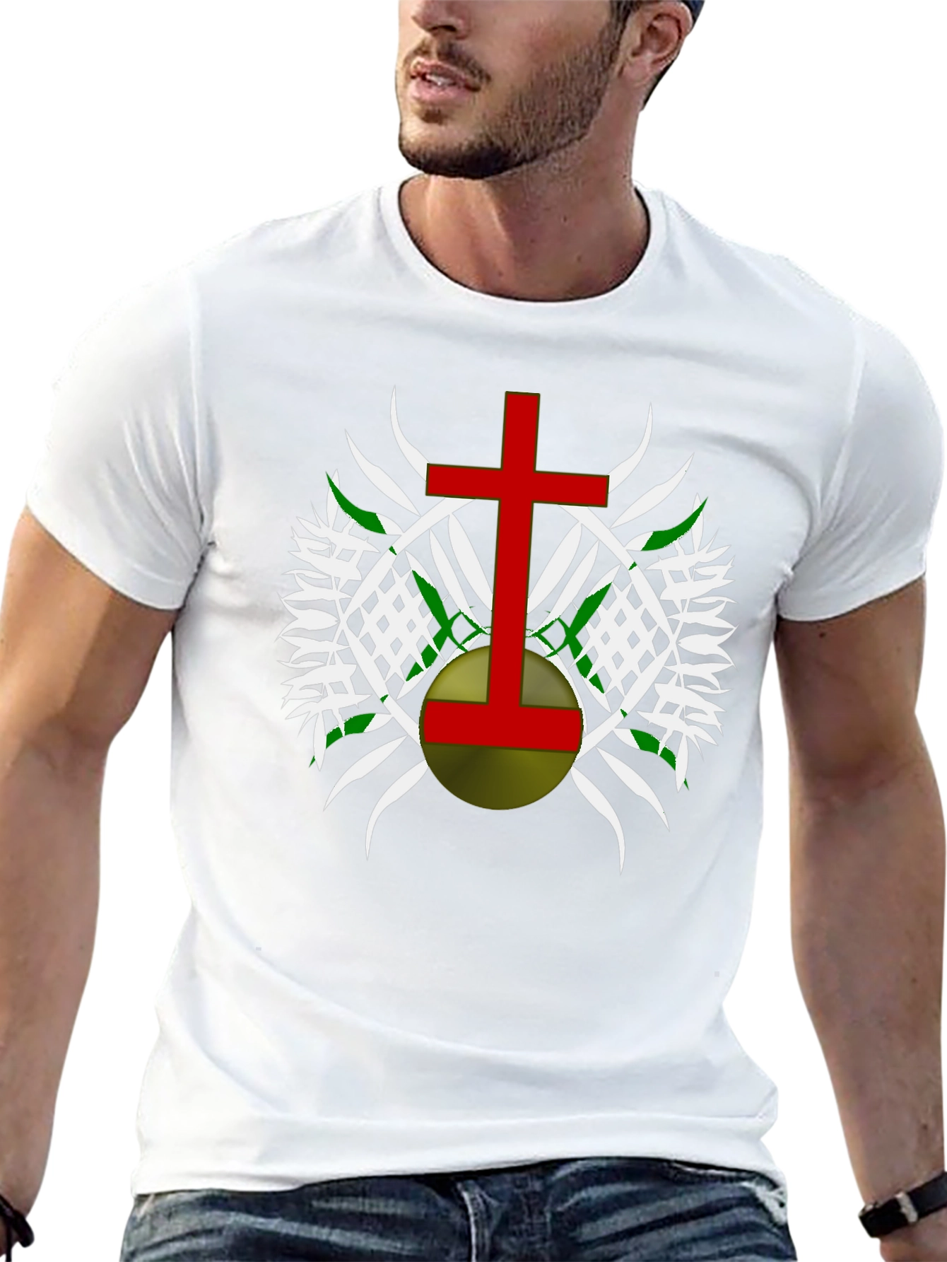 Graphic Tee - Red Cross Design on Black Cotton