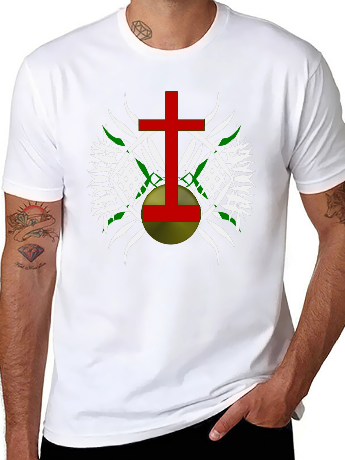 Graphic Tee - Red Cross Design on Black Cotton