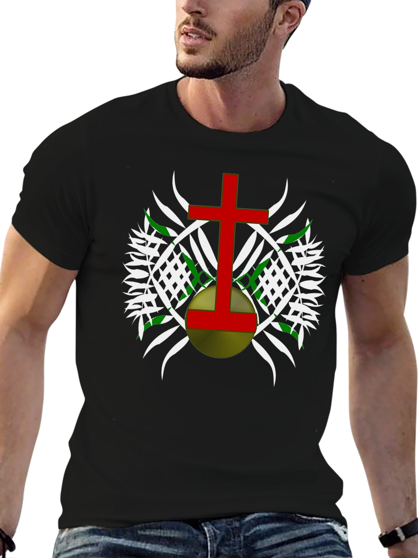Graphic Tee - Red Cross Design on Black Cotton