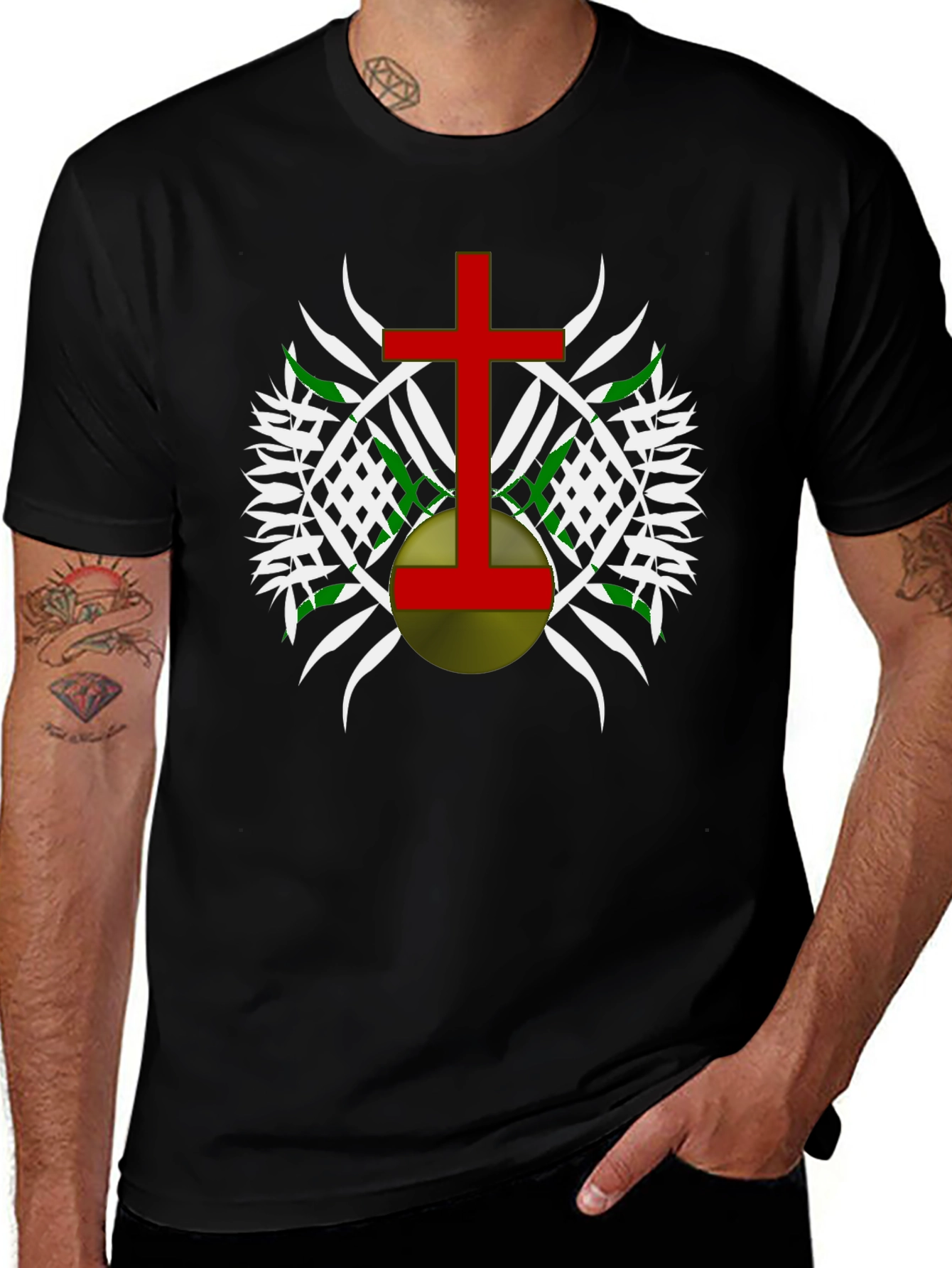 Graphic Tee - Red Cross Design on Black Cotton