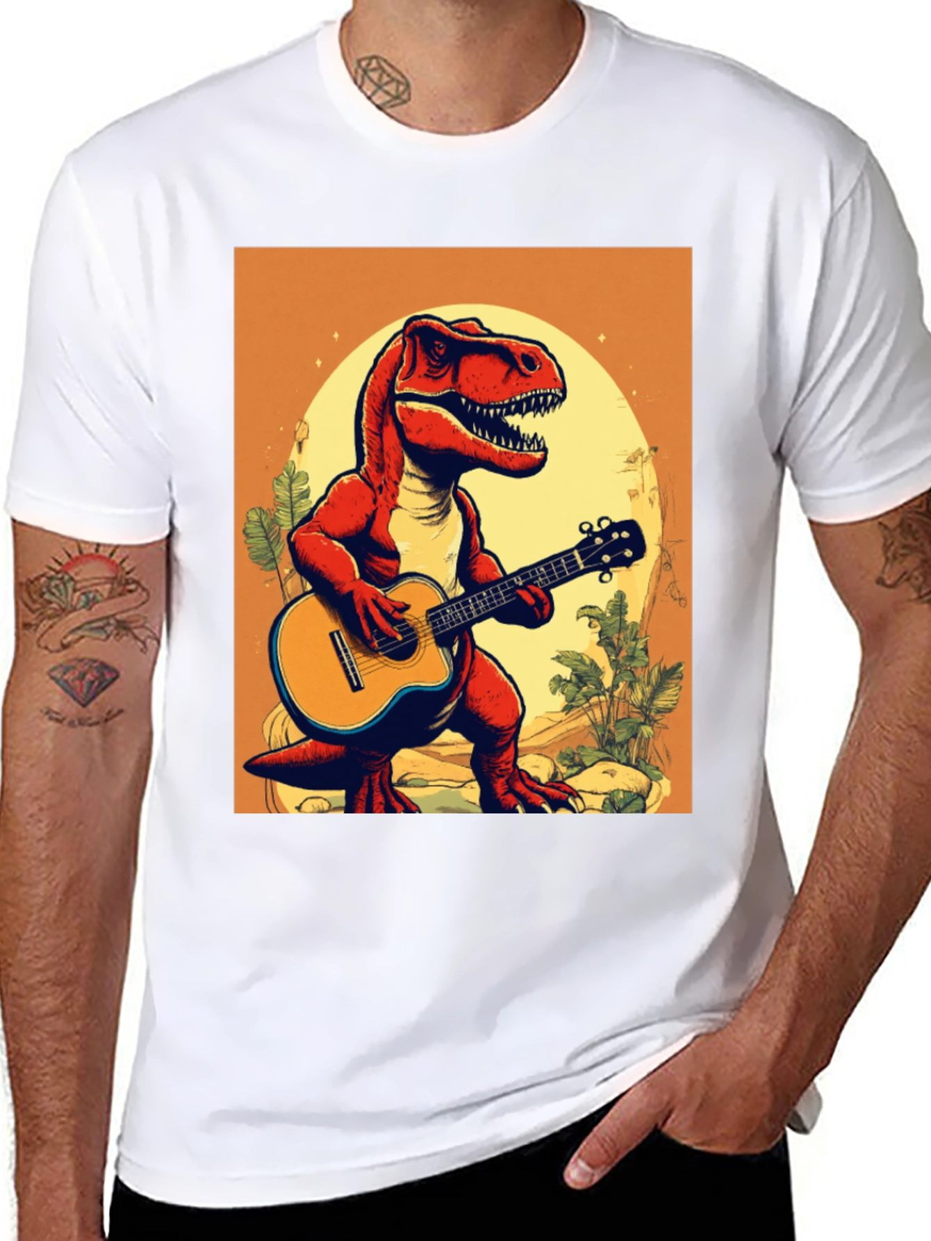 Dino Guitar Player T-Shirt - Cool Graphic Tee