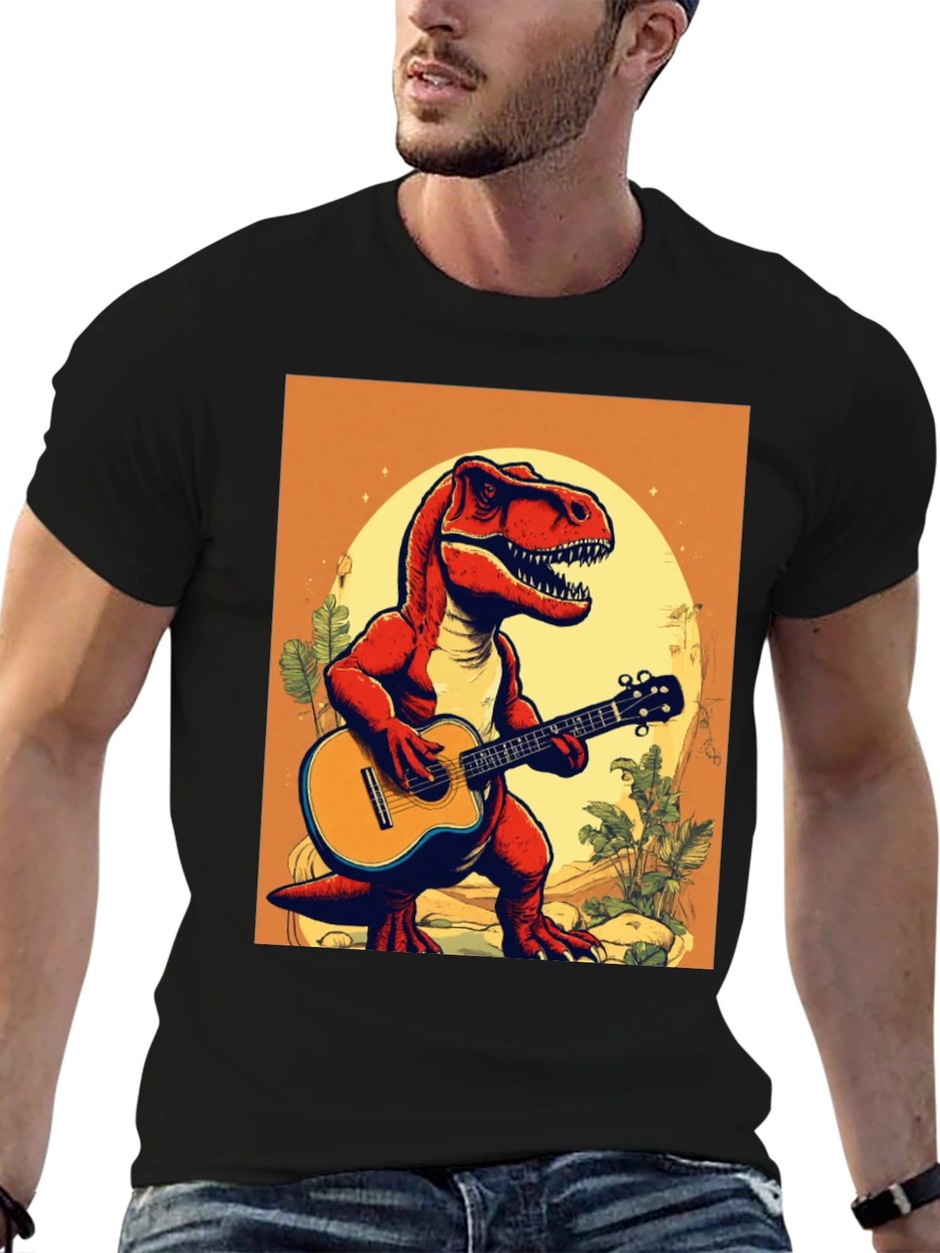 Dino Guitar Player T-Shirt - Cool Graphic Tee