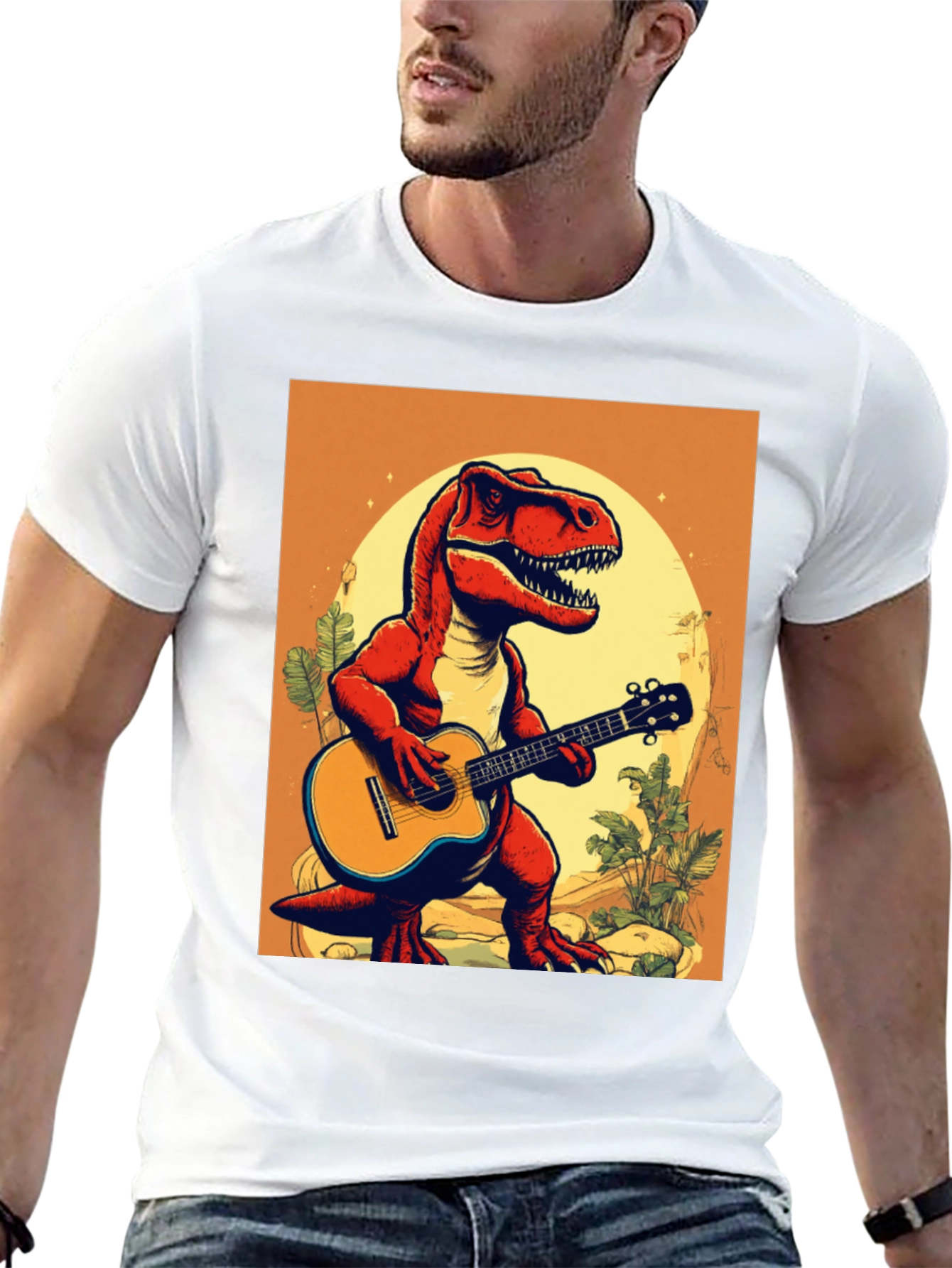 Dino Guitar Player T-Shirt - Cool Graphic Tee