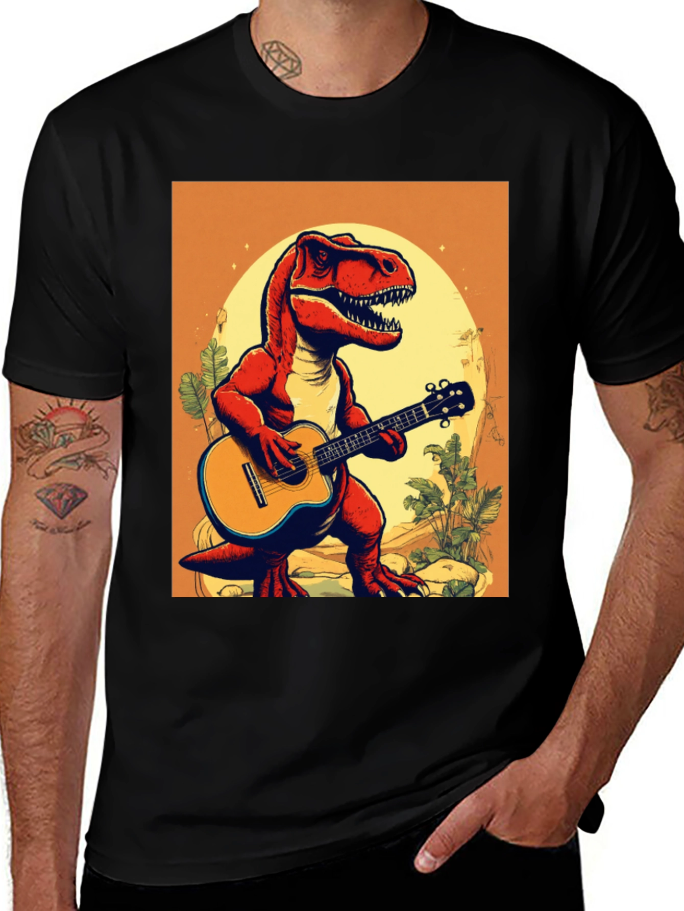 Dino Guitar Player T-Shirt - Cool Graphic Tee