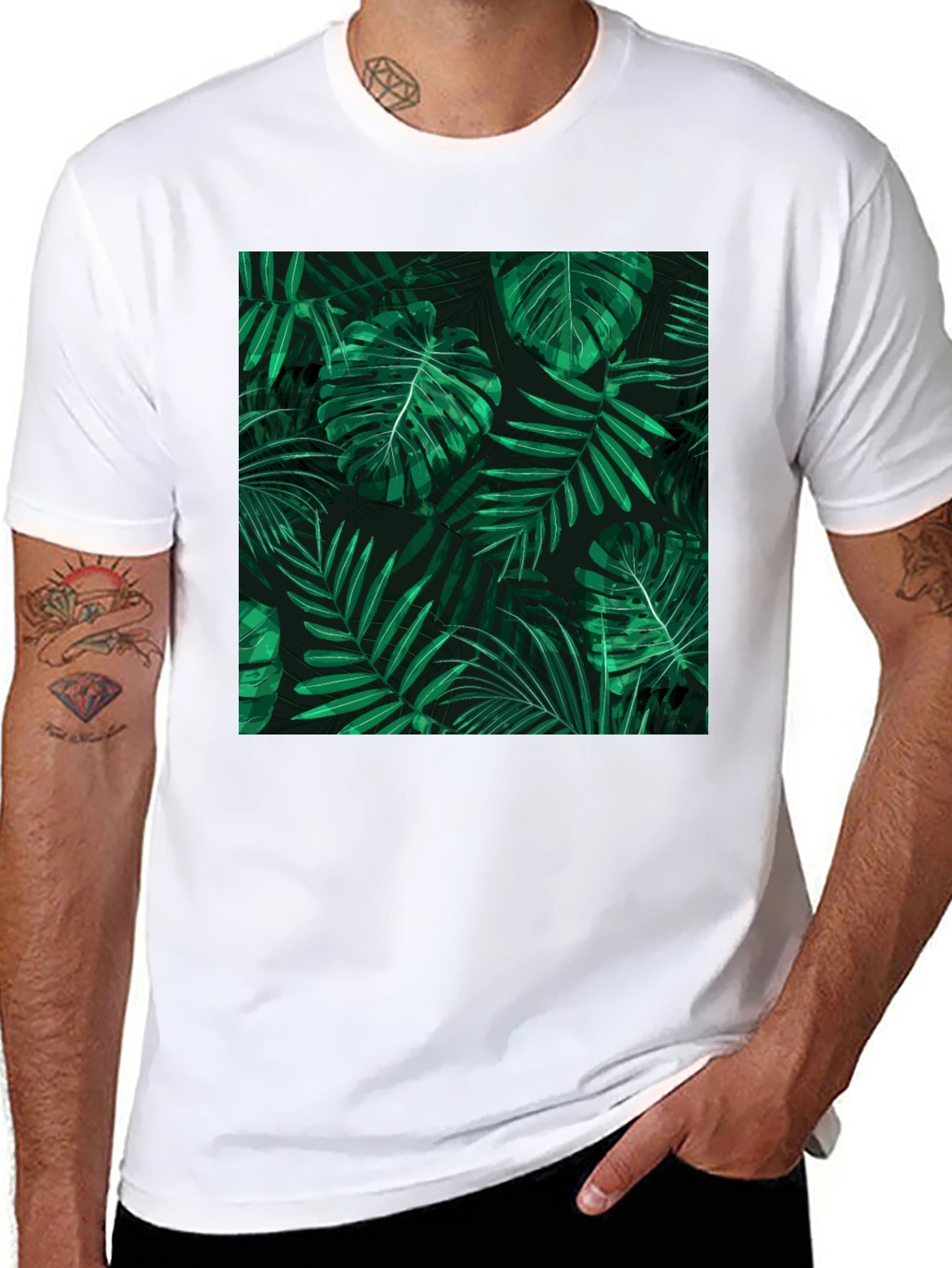 Tropical Leaves Print Black T-Shirt