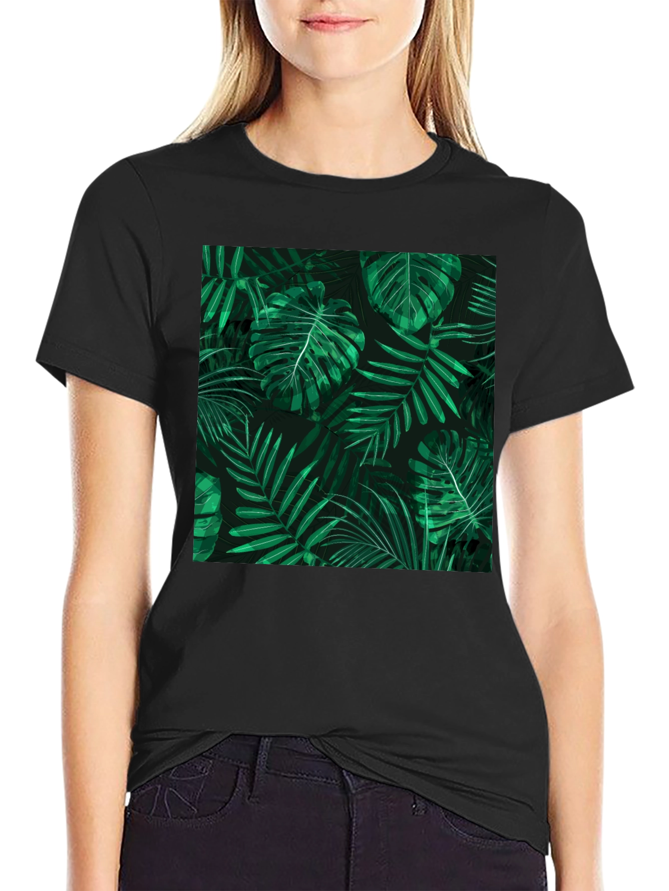 Tropical Leaves Print Black T-Shirt