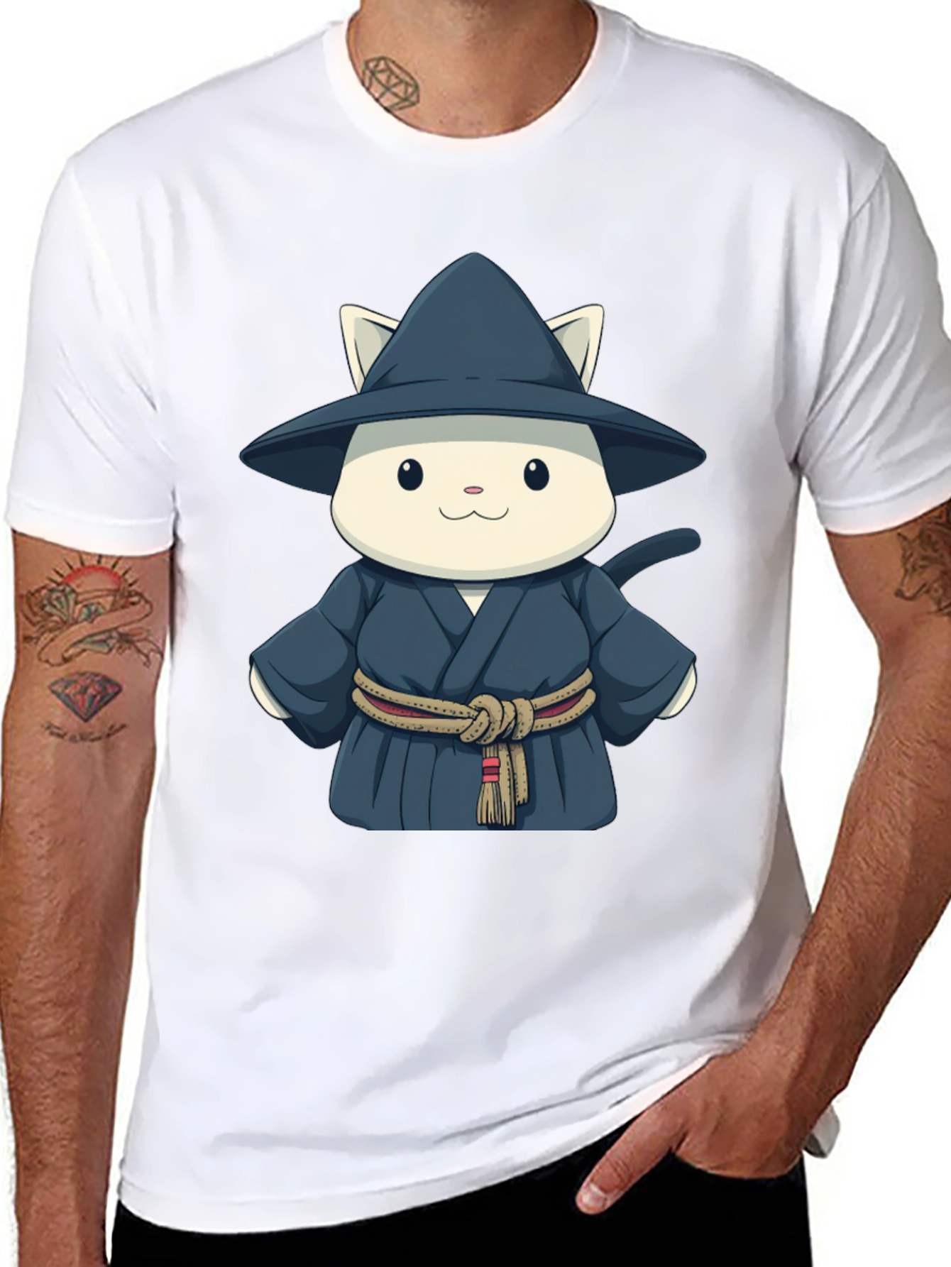 Cartoon Cat Wizard T-Shirt - Unisex Black Tee
