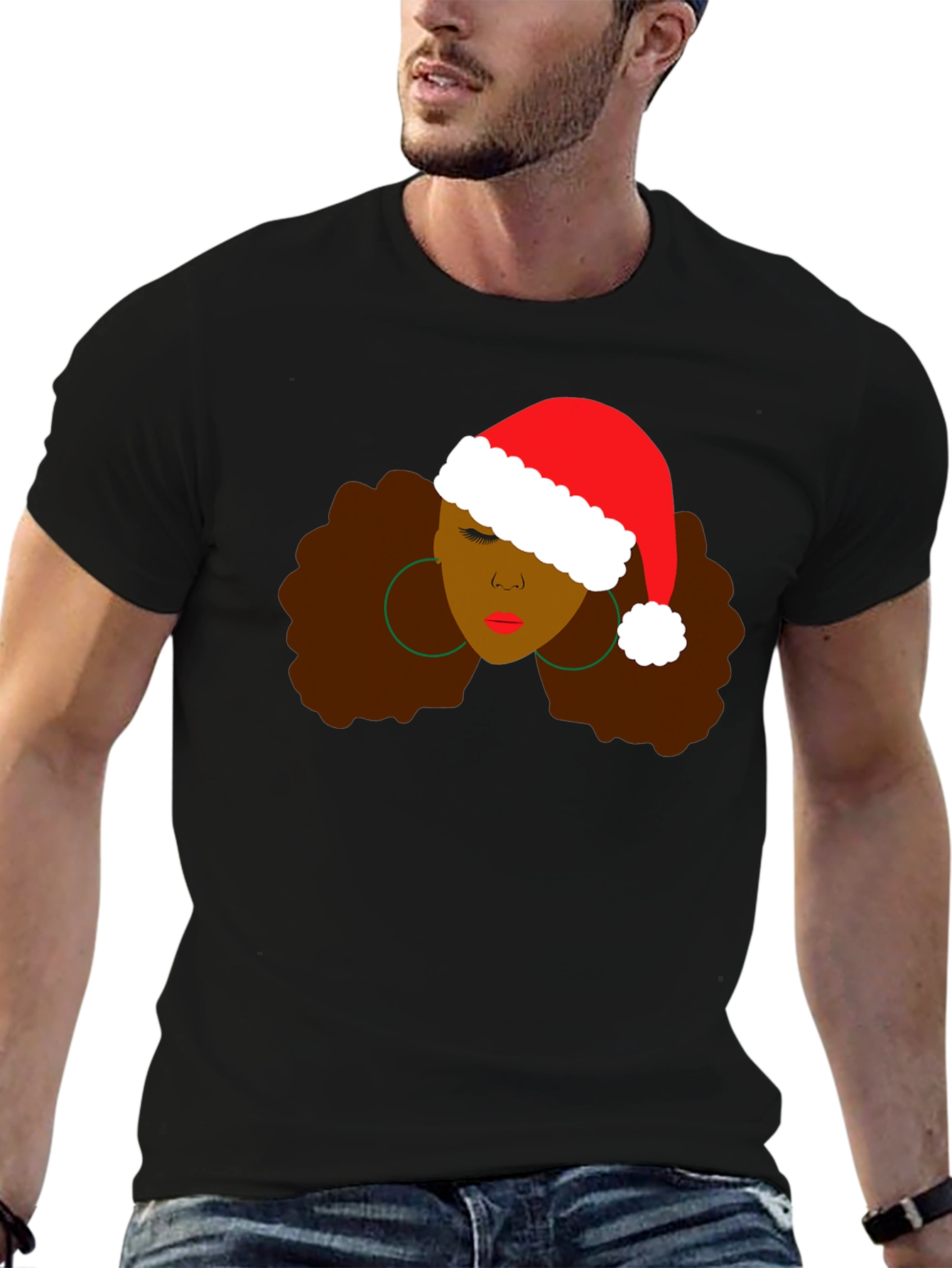 Black Woman Afro Santa Hat T-Shirt