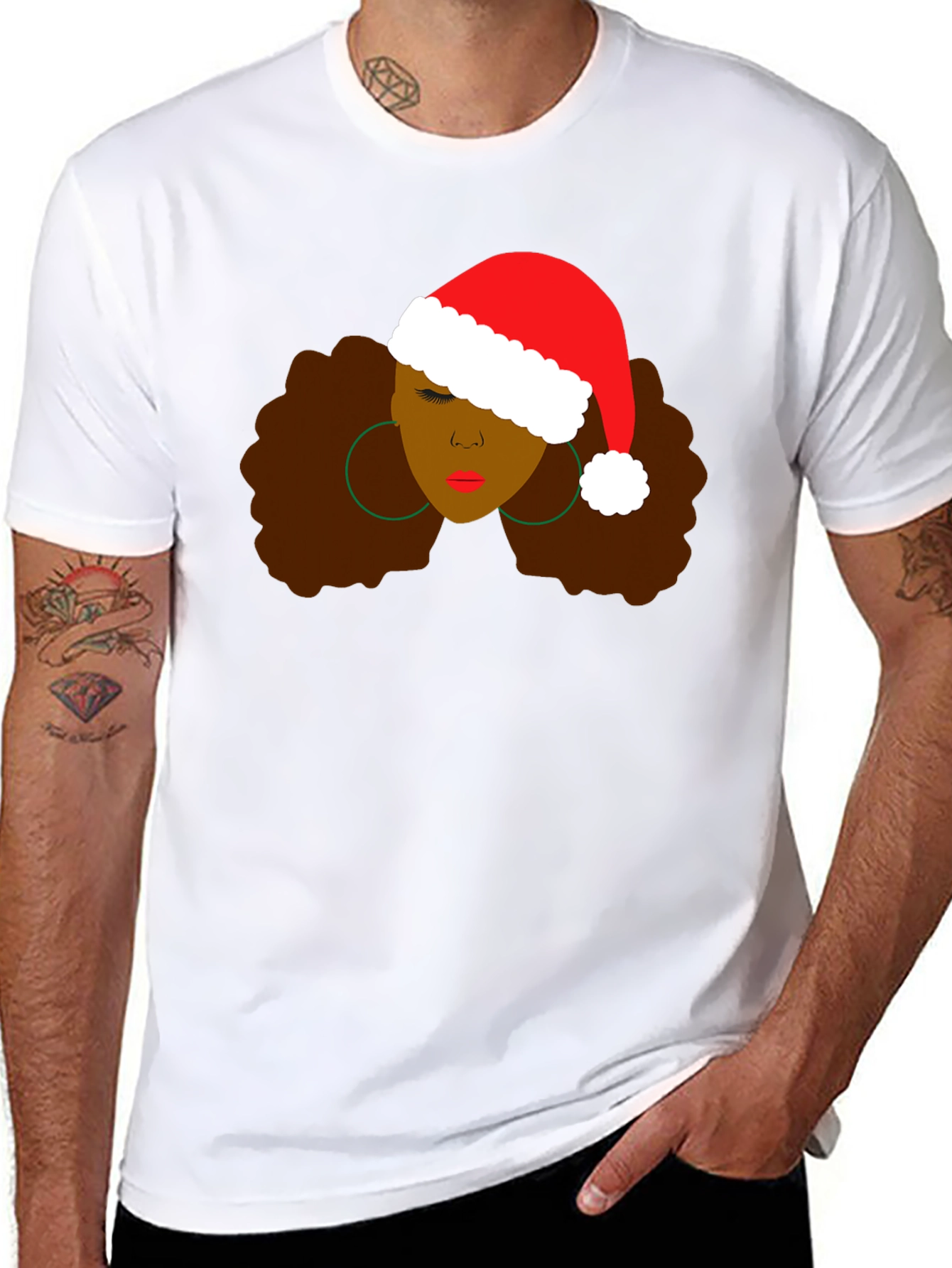 Black Woman Afro Santa Hat T-Shirt