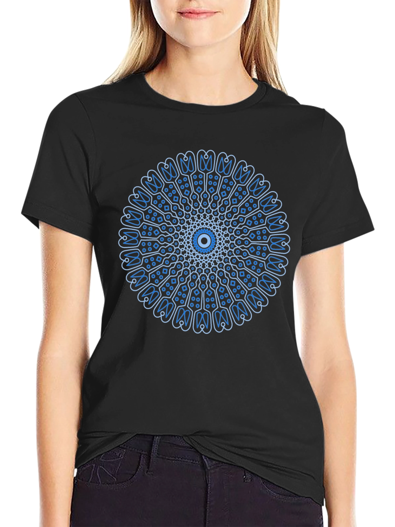 Blue Mandala Design Black T-Shirt