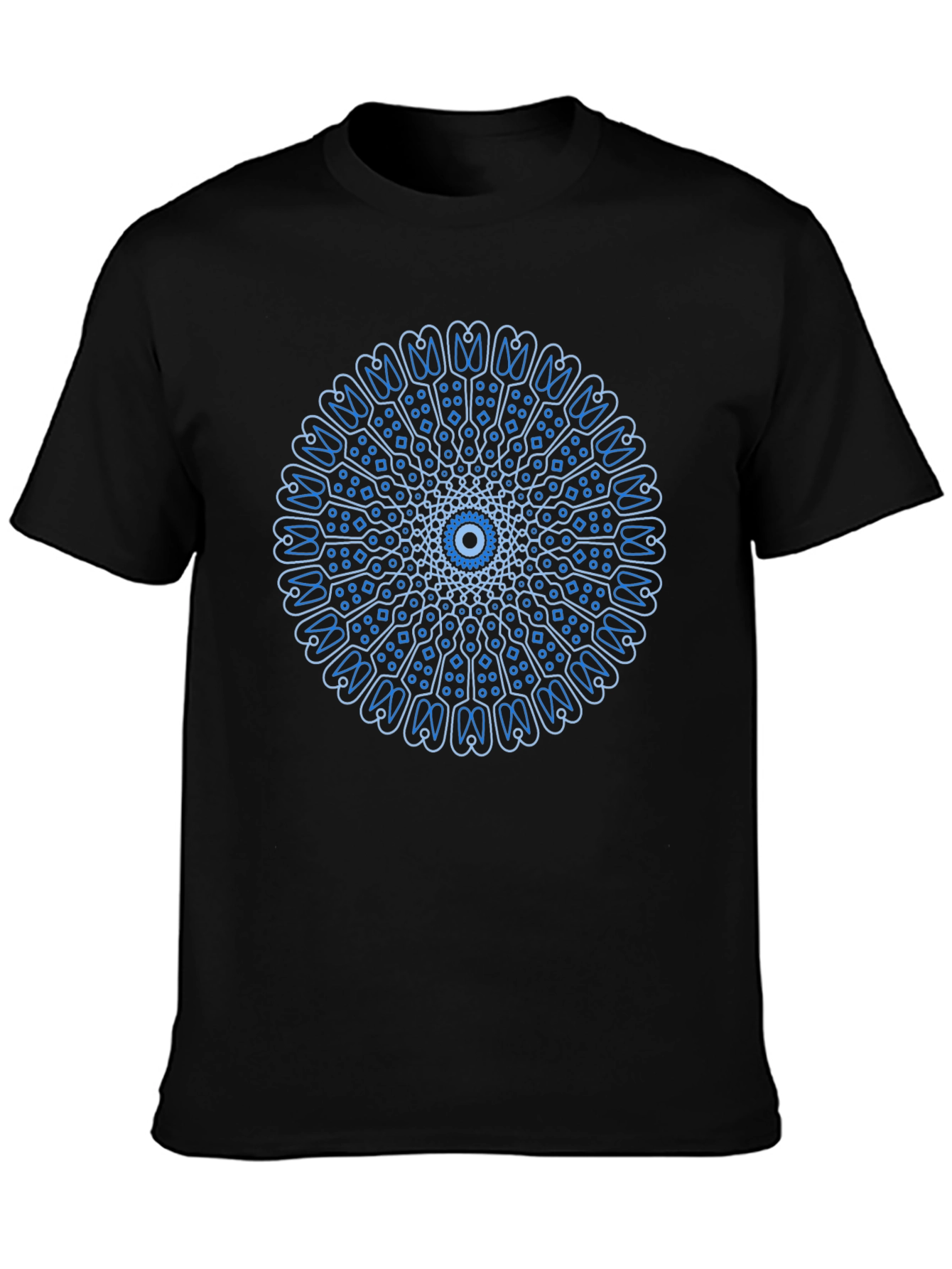 Blue Mandala Design Black T-Shirt
