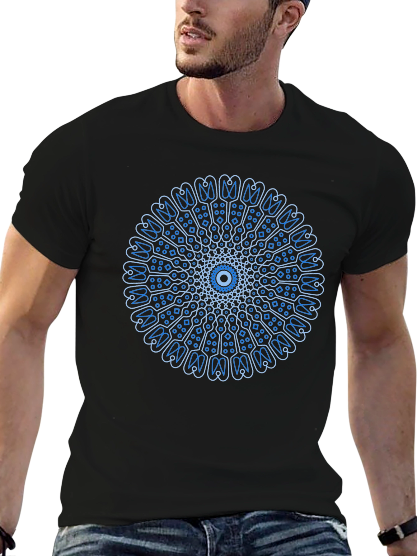 Blue Mandala Design Black T-Shirt