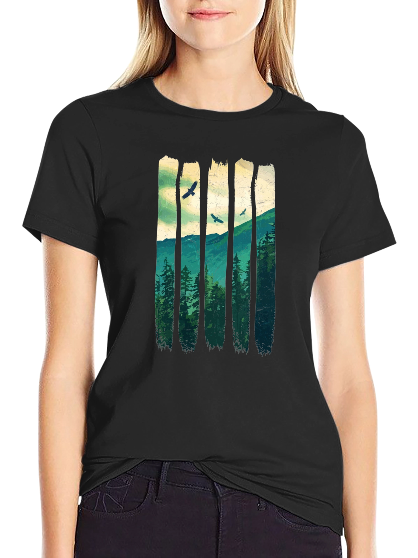 Nature Forest T-Shirt: Mountain and Birds