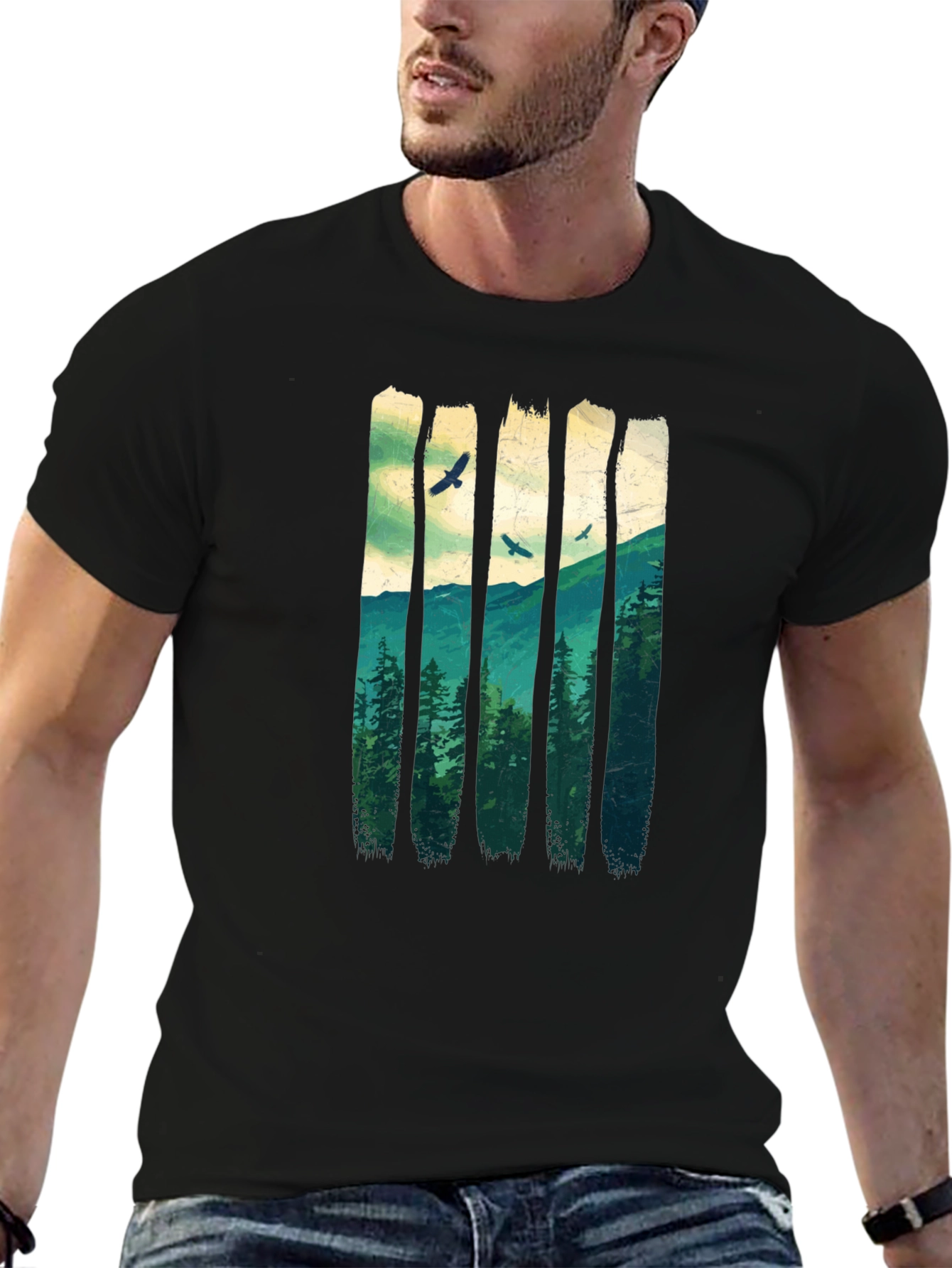 Nature Forest T-Shirt: Mountain and Birds