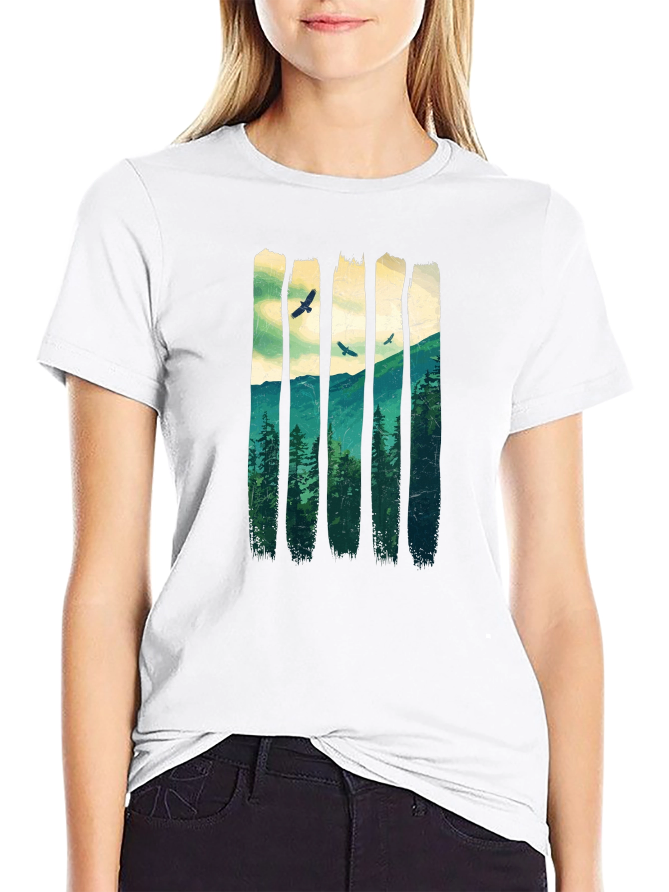 Nature Forest T-Shirt: Mountain and Birds