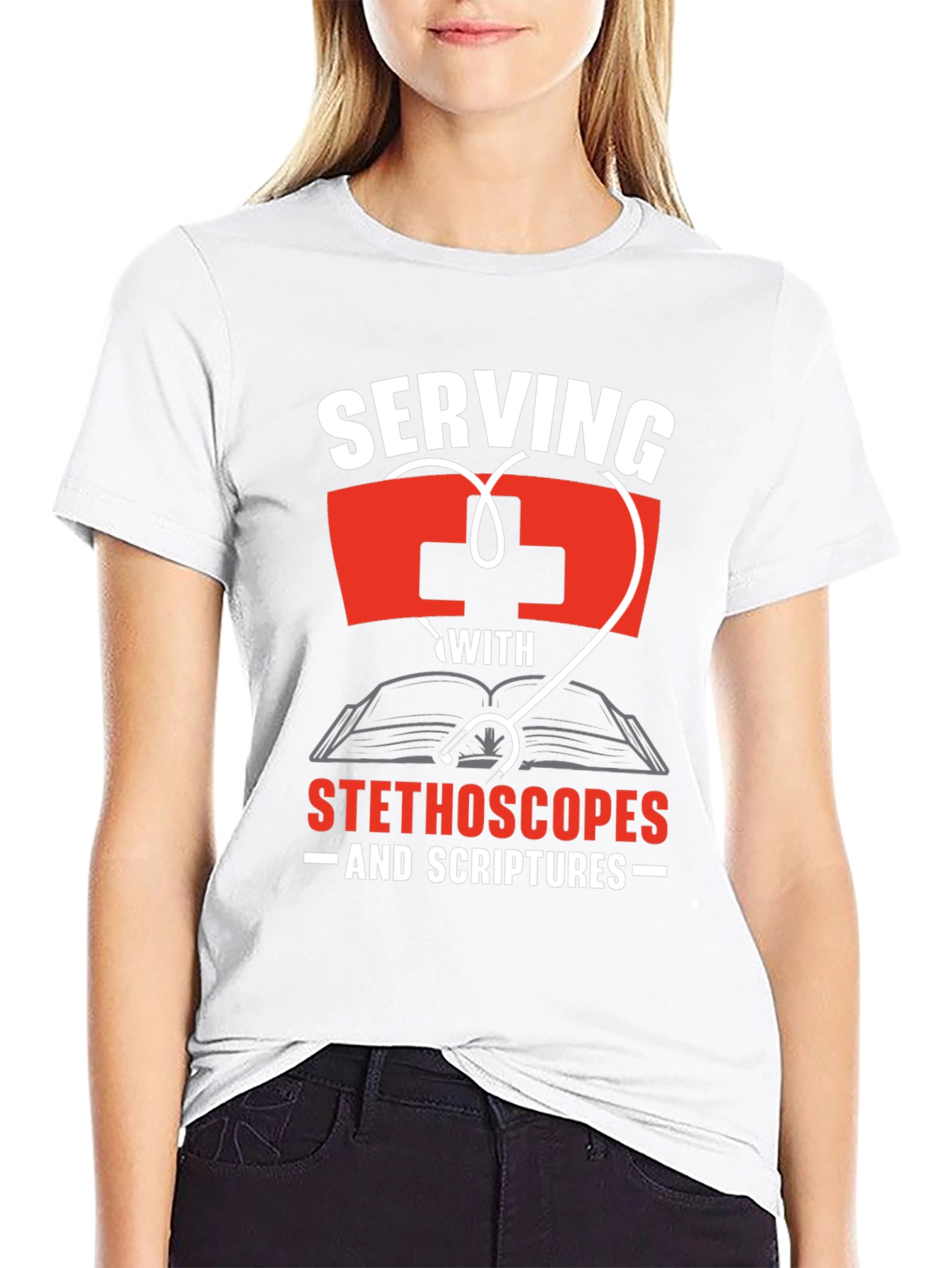 Serving With Stethoscopes and Scriptures T-Shirt
