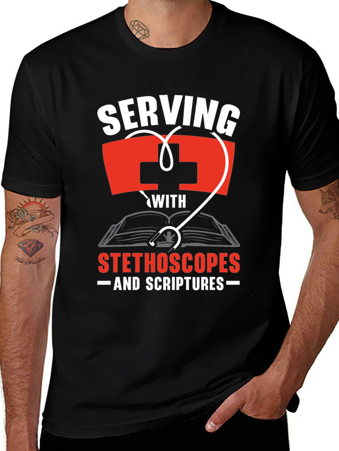 Serving With Stethoscopes and Scriptures T-Shirt