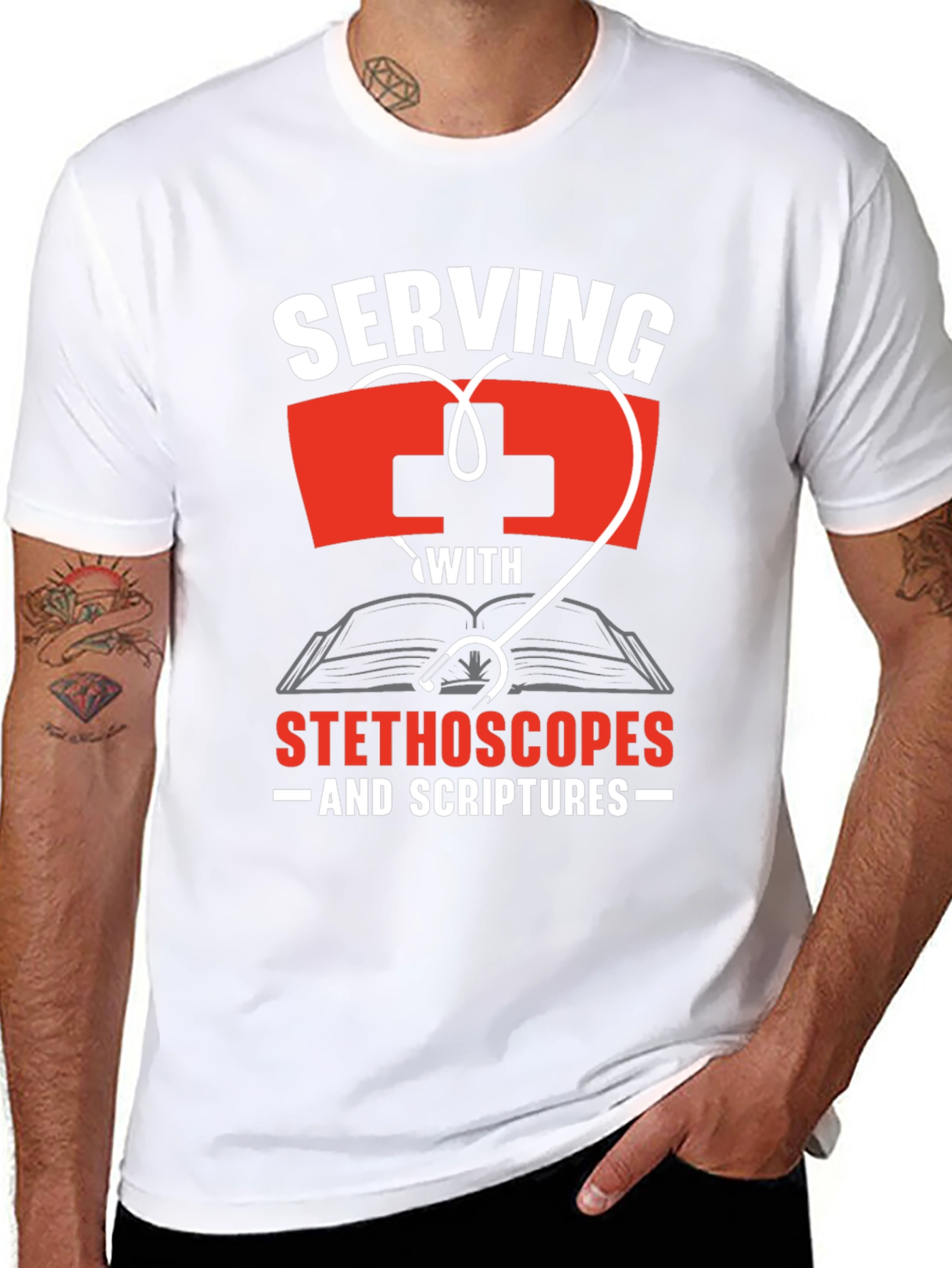 Serving With Stethoscopes and Scriptures T-Shirt
