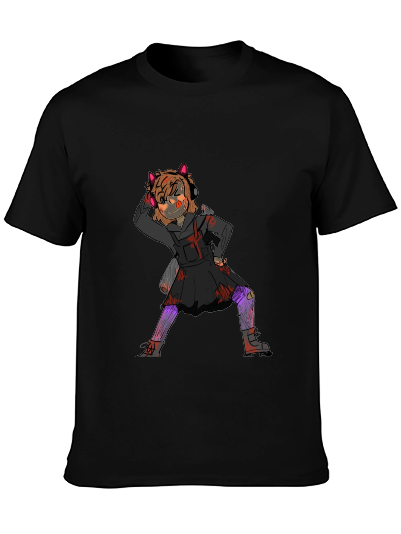 Graphic Tee: Anime Girl Print Black Cotton T-Shirt