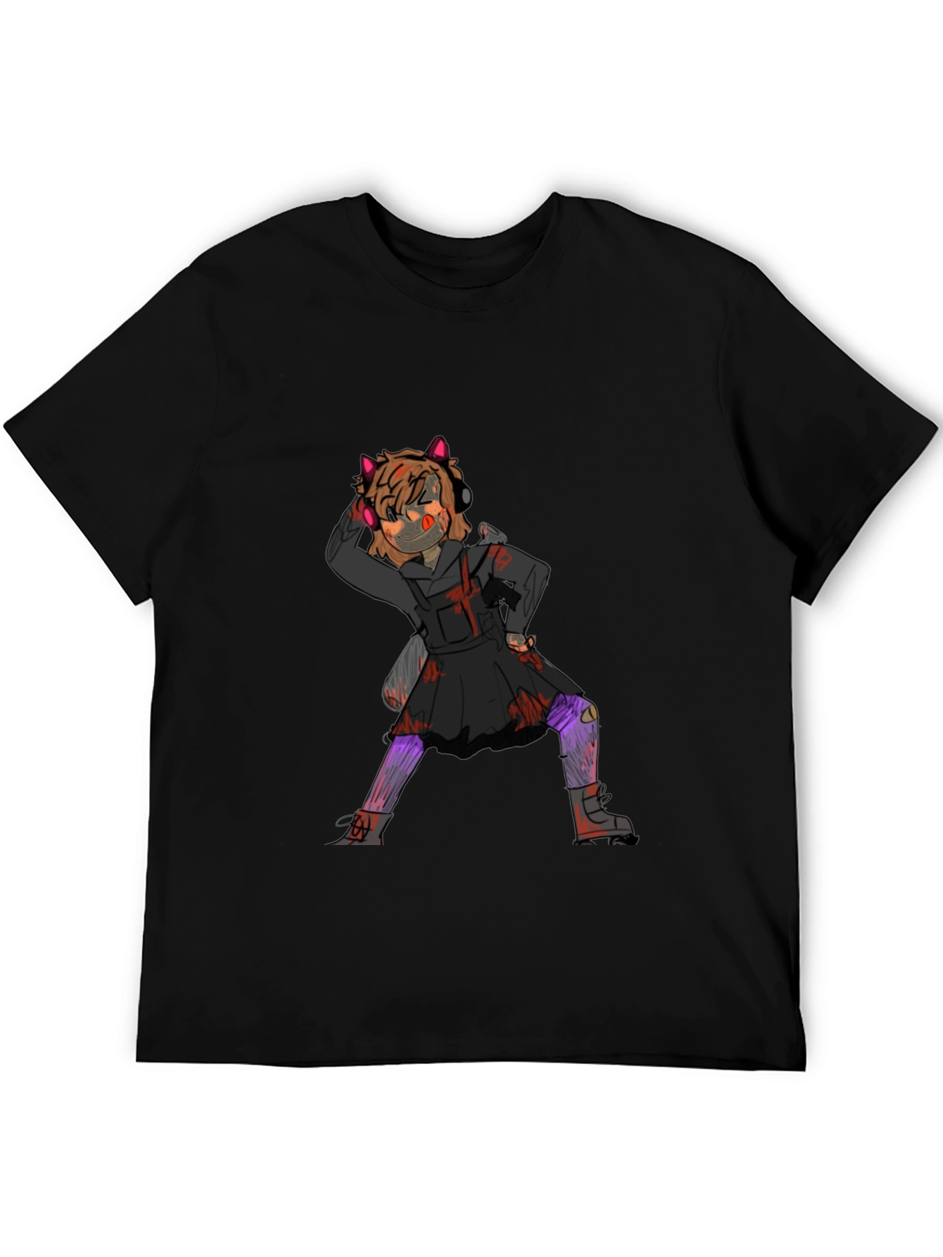 Graphic Tee: Anime Girl Print Black Cotton T-Shirt