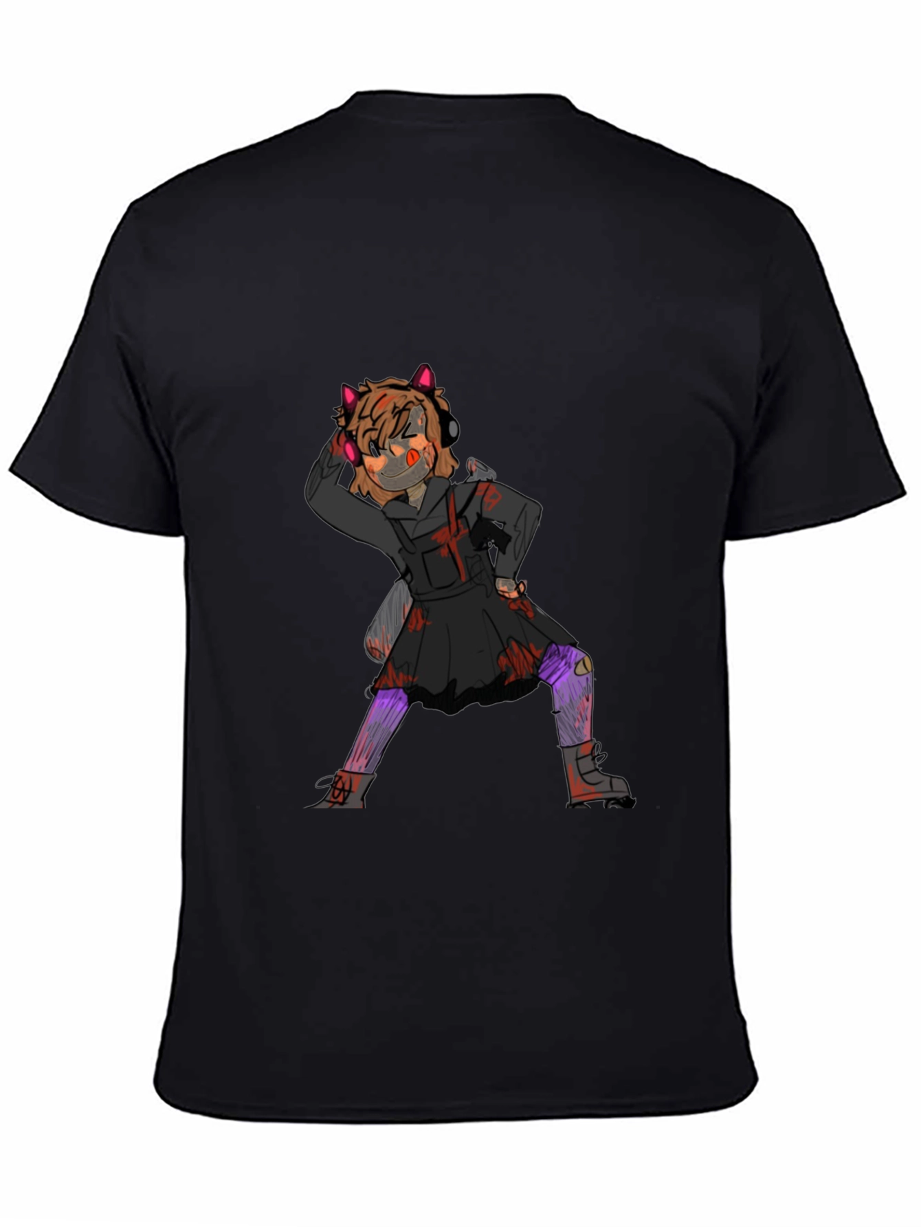 Graphic Tee: Anime Girl Print Black Cotton T-Shirt
