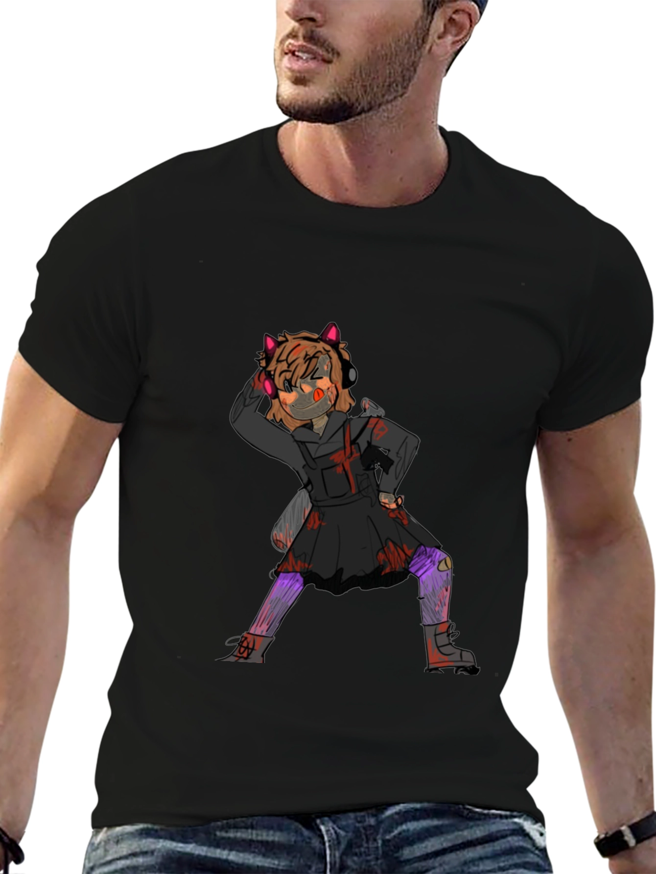 Graphic Tee: Anime Girl Print Black Cotton T-Shirt